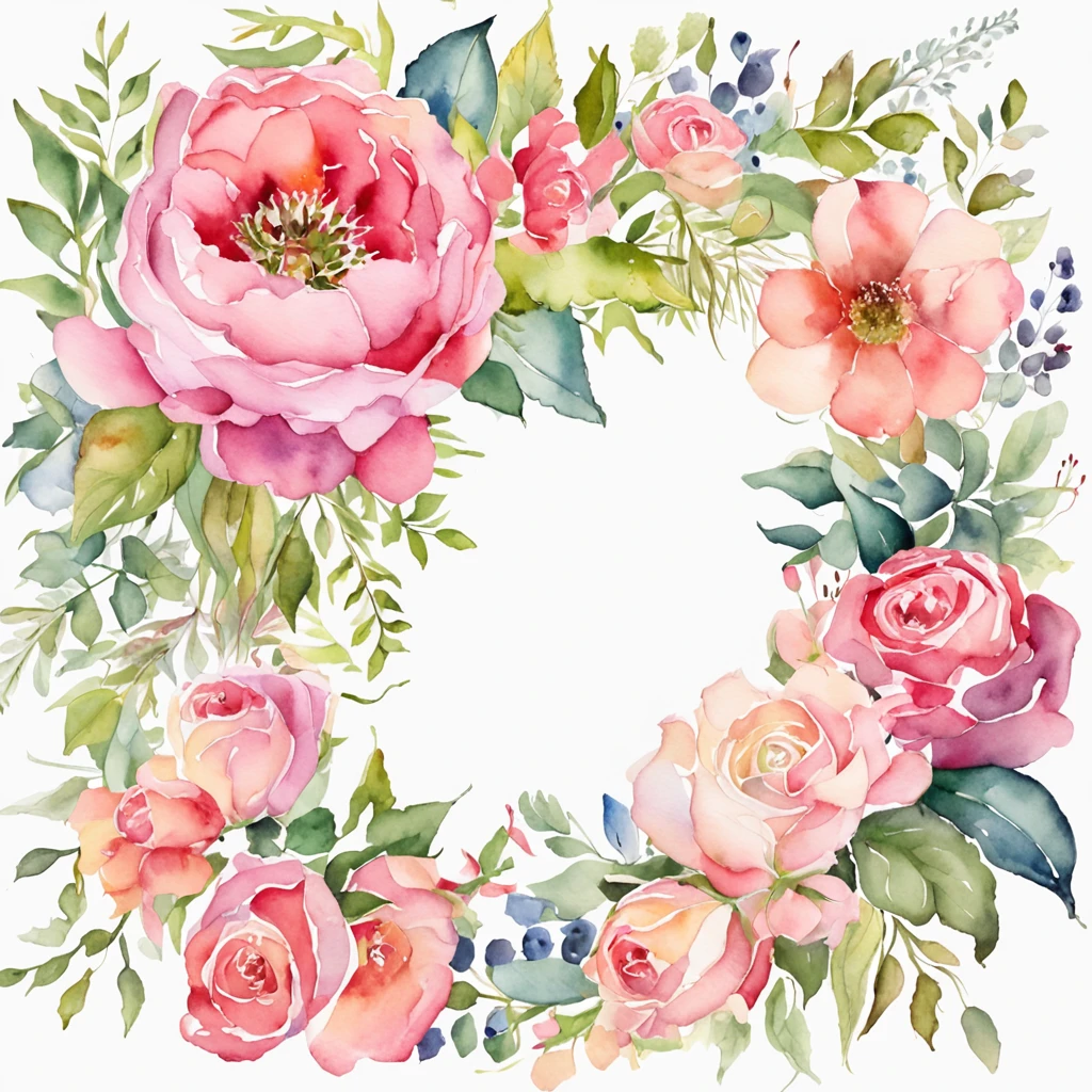 Wreaths, floral frames, delicate watercolor flowers in shades of pink and vibrant roses, captivating illustration