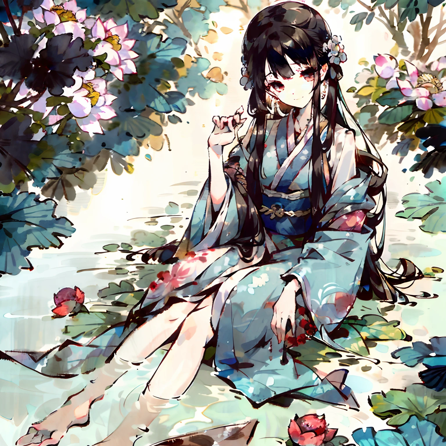 ((4k,masterpiece,best quality)), shuimobysim, Traditional chinese painting, lotuses, Hanfu, maxiskit, Dress conservatively 1girl, solo, cabelos preto e longos, ssmile, sitted, Feet in the water, The barefoot,