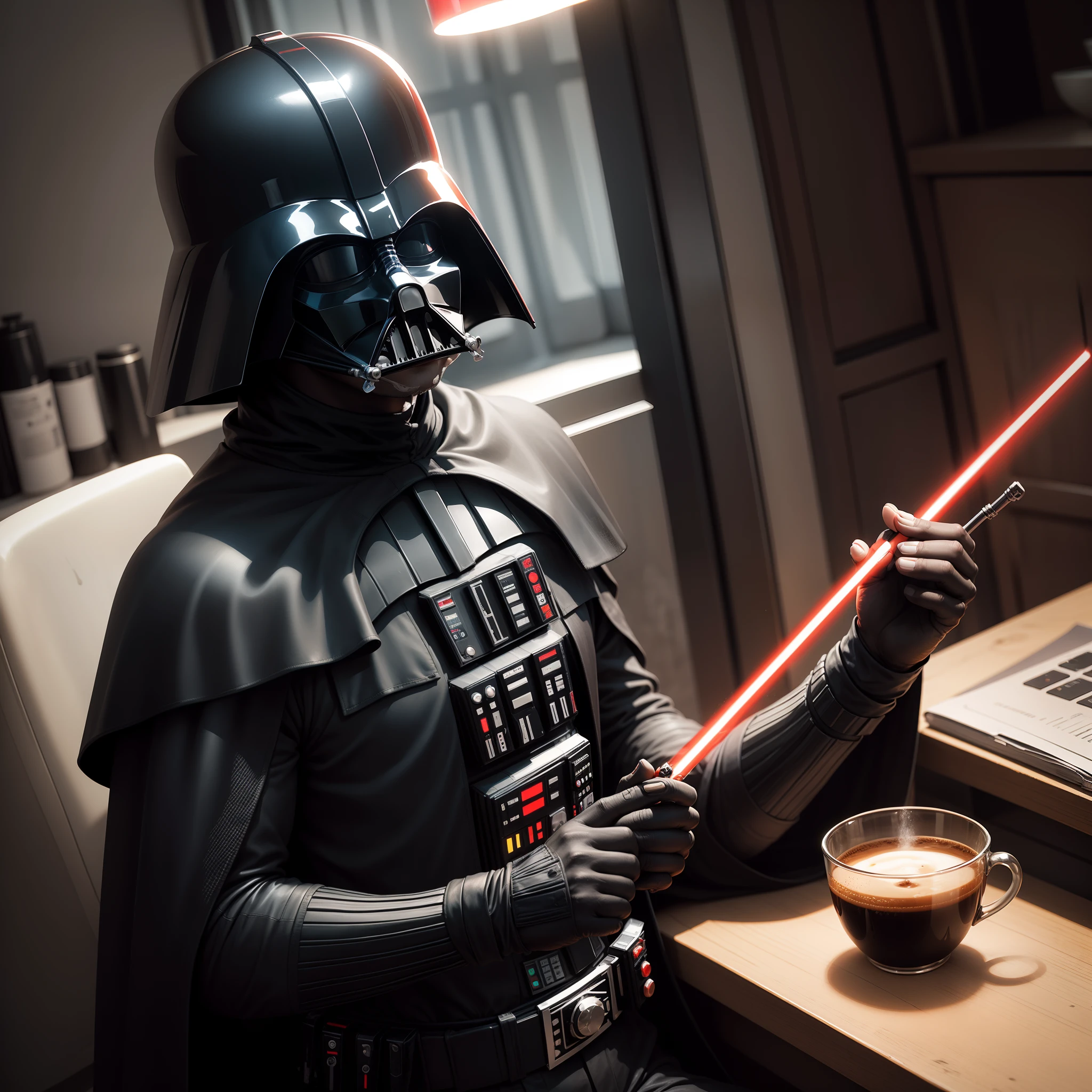 Darth Vader, sipping coffee, sabre de luz