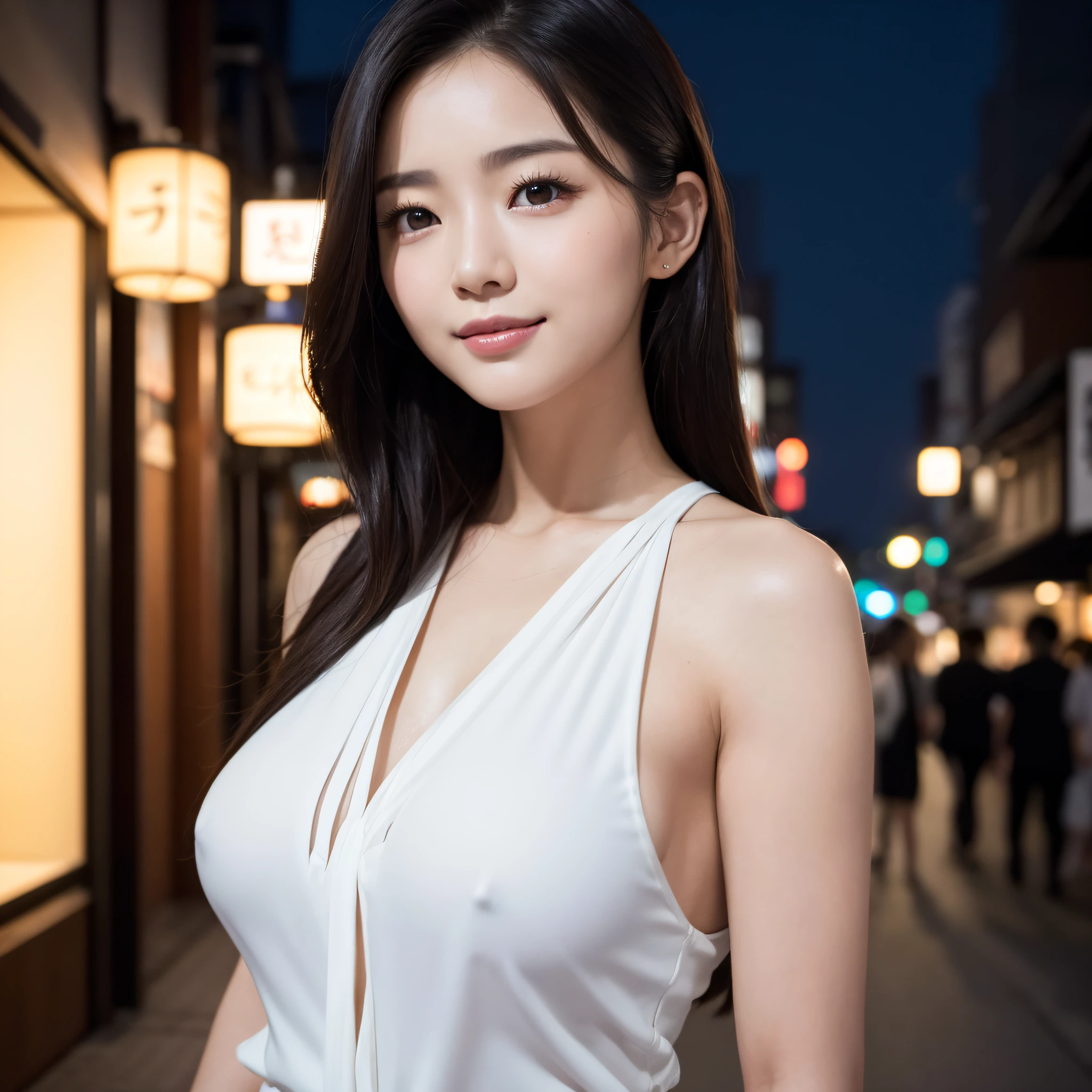 One lady、((best qualtiy、8k masterpieces:1.3))、foco nítido:1.2、(ultra beautiful faces:1.0)、(shinny skin:1.0)、photos realistic、A dark-haired、Video Lighting、High-definition eyes and face、Video Lighting、(Korean Cute Actress)、from the front side、medium breasts、(ssmile:1.2)、Sleeveless、Slender Abs Beauty、Whole body、Wearing a white blouse、in tokyo at night
