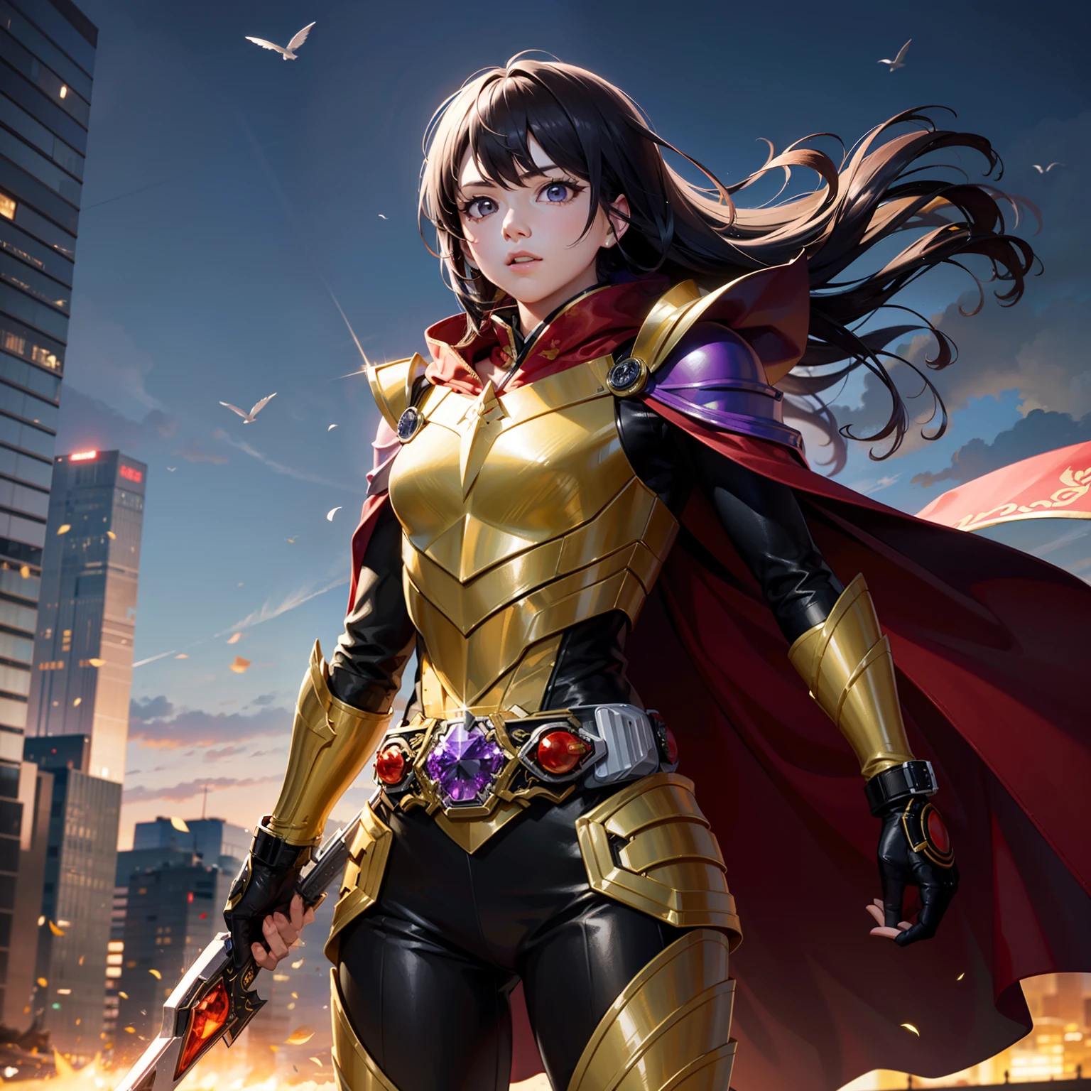 best qualtiy,the detail:1.4,China-style,Kamen Rider,Gorgeous purple-gold armor,Mechanical details,Guardians,Shine in the boxing sleeve,Wind-blown cloak,heroism。