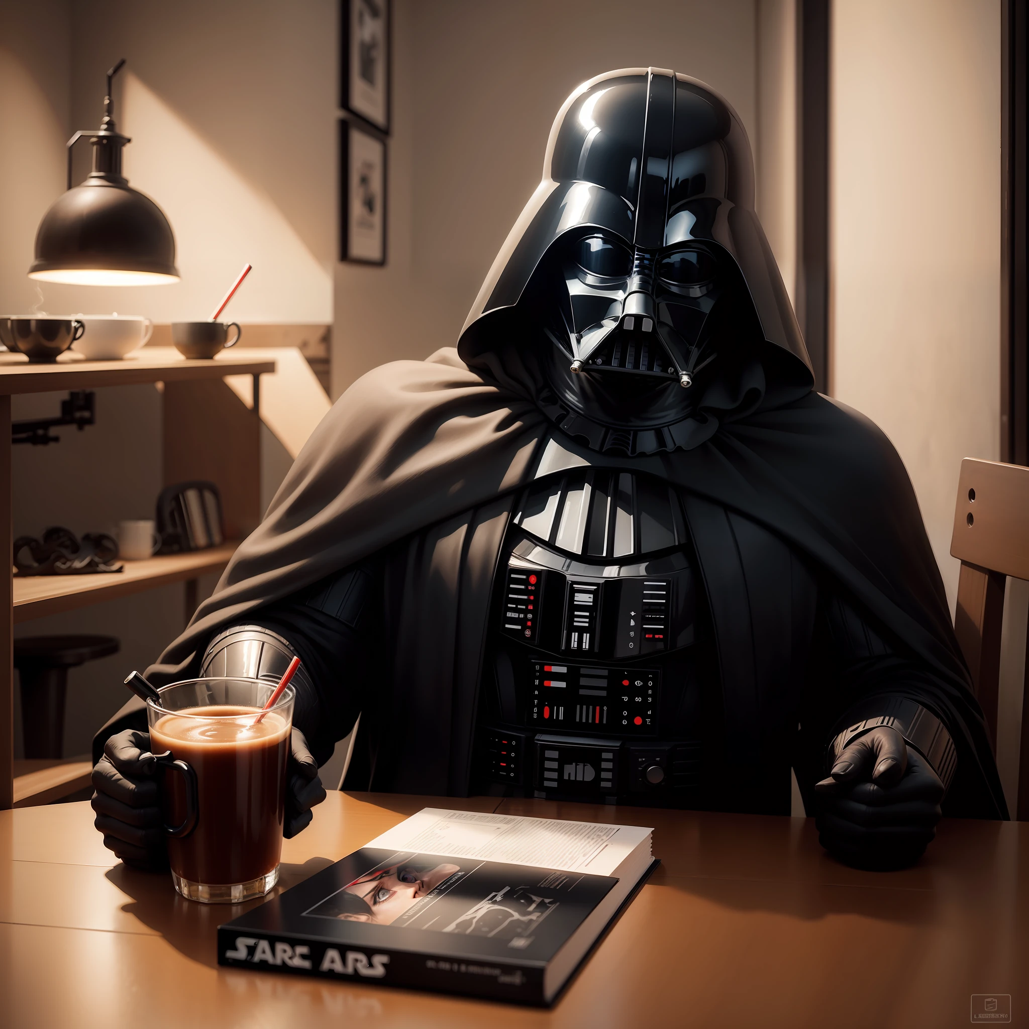 Darth Vader, sipping coffee, sabre de luz