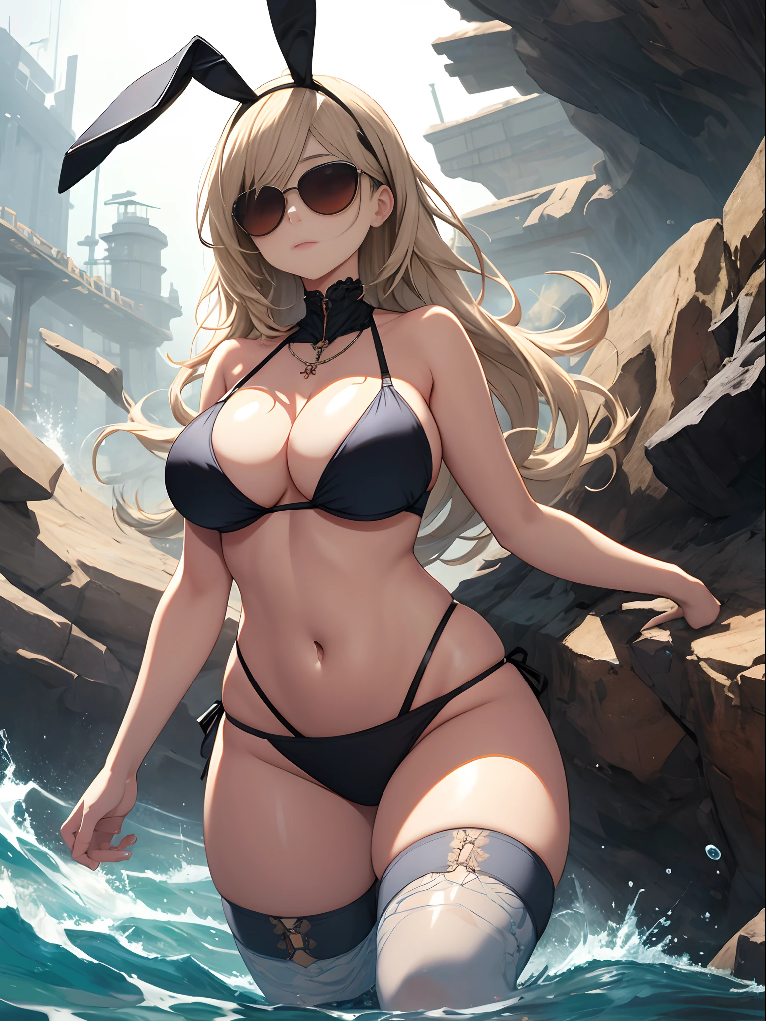 Masterpiece, Best quality, High_Resolution, Fine details, very detailed and beautiful, distinct_image, 1 girl, Solo, Beige hair, Red eyes, Has rabbit ears, (medium breasts), (gigantic hip),(from bottom),Curvy(crystal),(sunglasses),steams,bikini,(thigh high),((Sea))