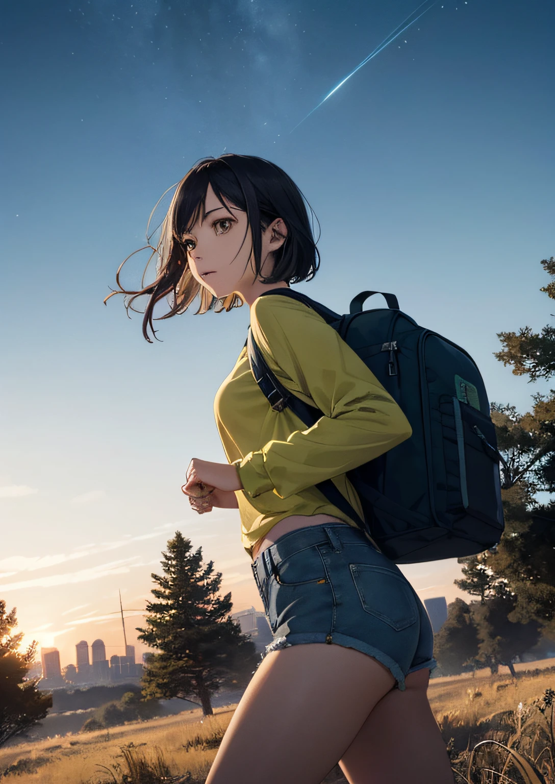 The vast sky, beautiful skyline, large grasslands, extremely tense and dramatic pictures, moving visual effects, the high-hanging Polaris, and colorful natural light. Long-sleeved top, denim shorts, and a girl with a backpack.