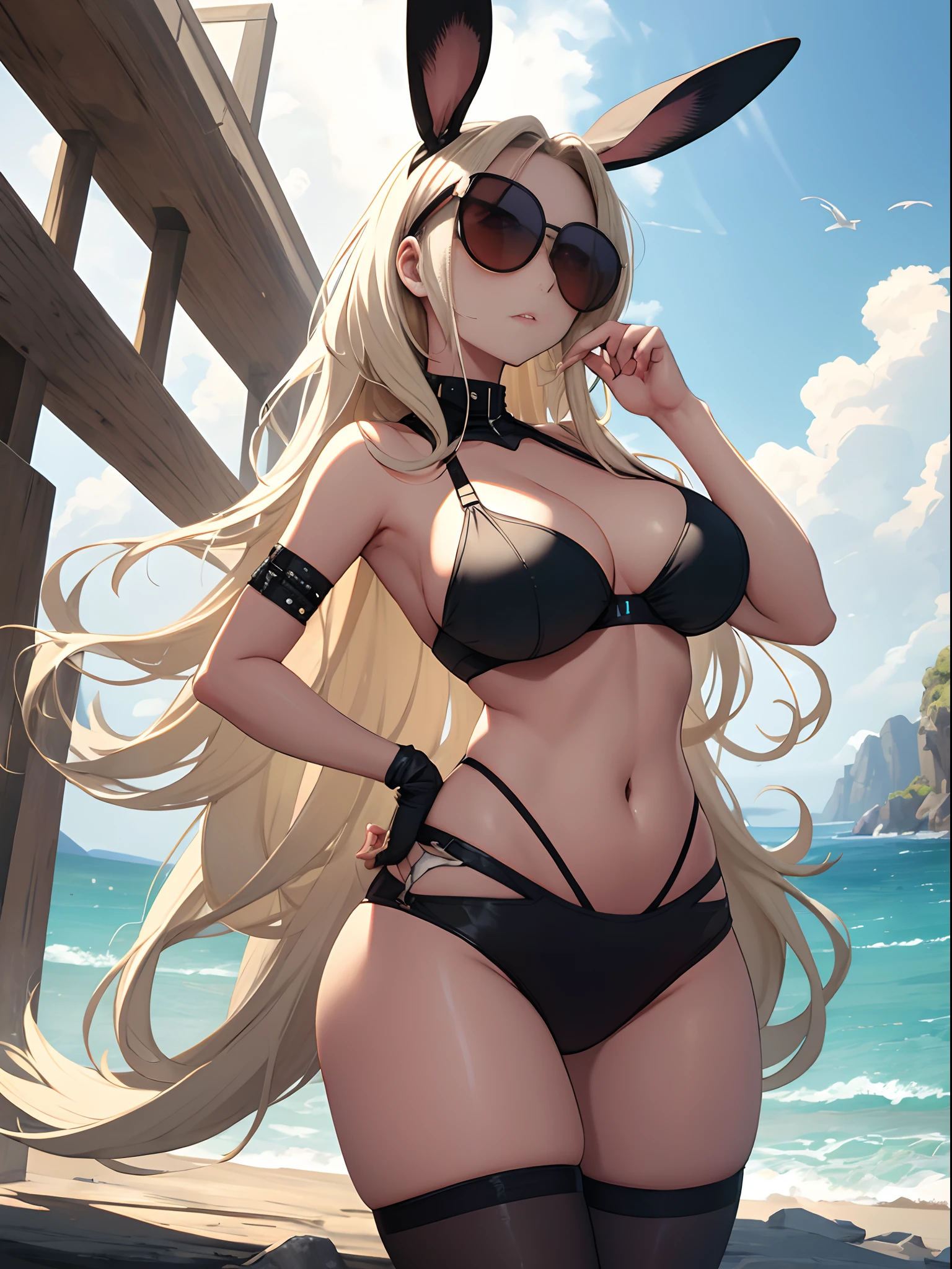 (NFSW) (masterpiece) Girl with very big ass, black bikini, blonde hair, big breasts, extremely wide hips, extremely detailed eyes, extremely detailed face, flat belly, beautiful girl, extremely detailed hair --auto --s2