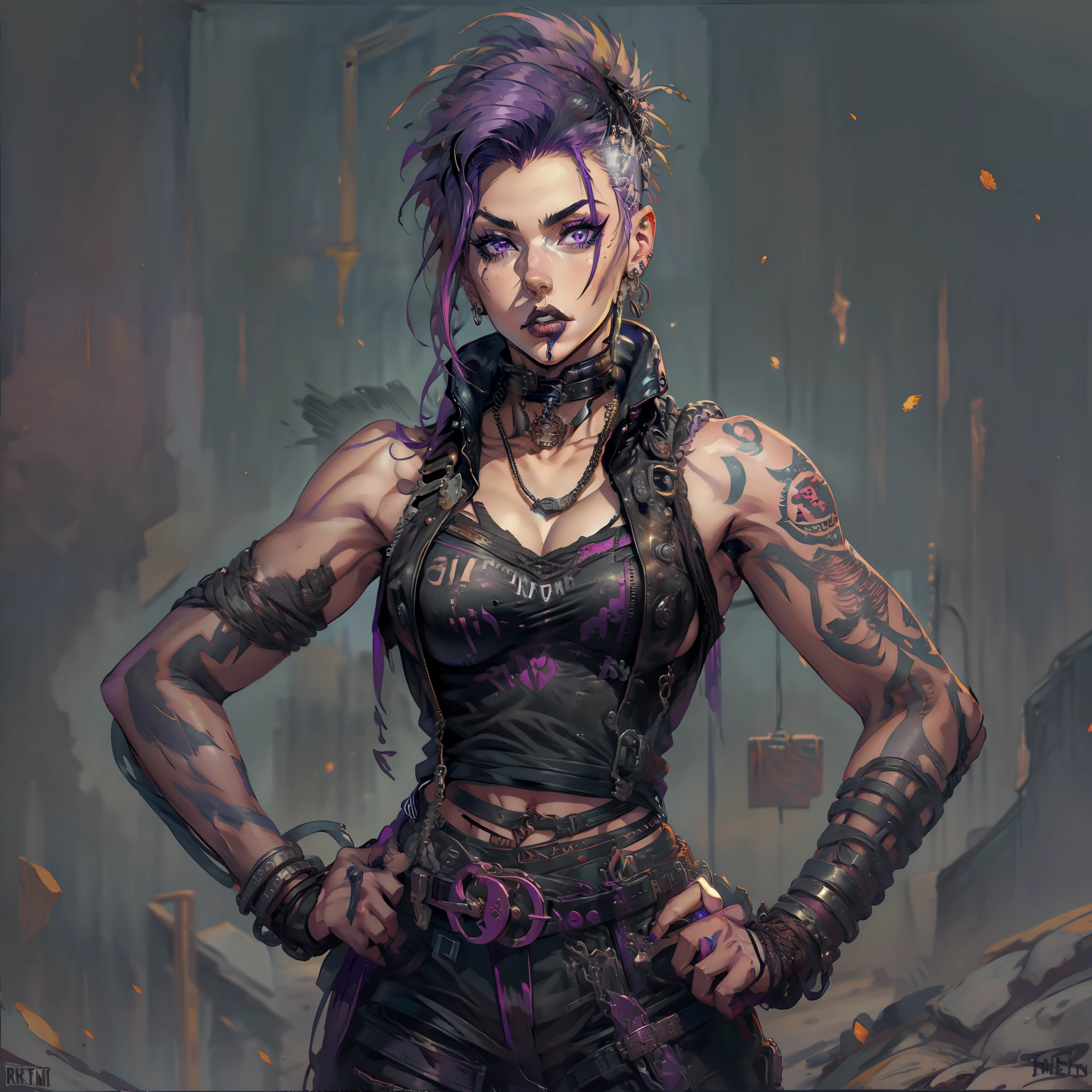female with short shaved purple hair, villain, wearing casual desert punk clothing, has lower lip stud piercings, muscular, abs visible, wearing metal collar, has muscled, wearing black lipstick, amazonian, has large muscles, solo, alone