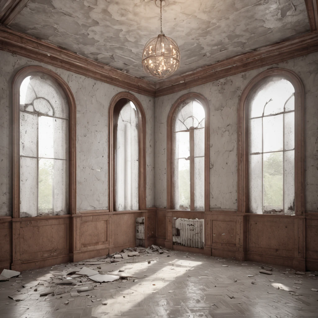 (Professional 3D rendering:1.3) de (Realistic:1.3) Foto de casa abandonada em estilo art deco, (vibrante, fotogrdeia realista, Realistic, Dramatic, foco nítido, 8k), e, (altamente detalhado:1.4), , foco nítido, floating particles