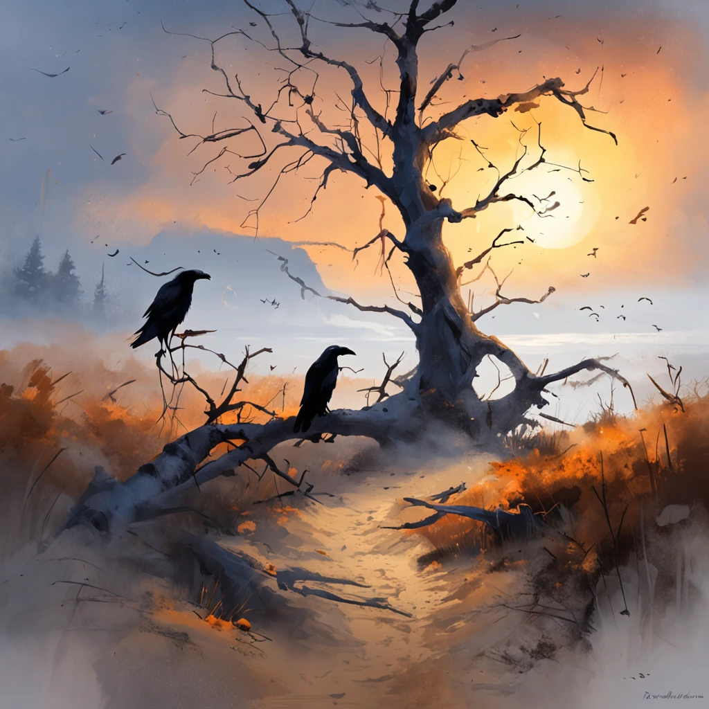 Two crows on a dead tree, A shadow shaped like a walker, Starry night, Thick fog on the ground, Blue light on the horizon, Unreal Engine 5, Cinematic, low angle photography, Motion blur, Depth of field, Dust, Cobblestones and dirt. Splash Art, dripping paint. Perfect color grading. Influenced by Karel Appel and Jeremy Mann, Full of dramatic and threatening scenes, Hyper-detailed, Beautiful, insanely details, Intricate details, editorial photography, shot with a 50mm lens, Depth of field, Tilt Blur, Shutter speed 1/1000, f/22. Lightmaps, Super bright