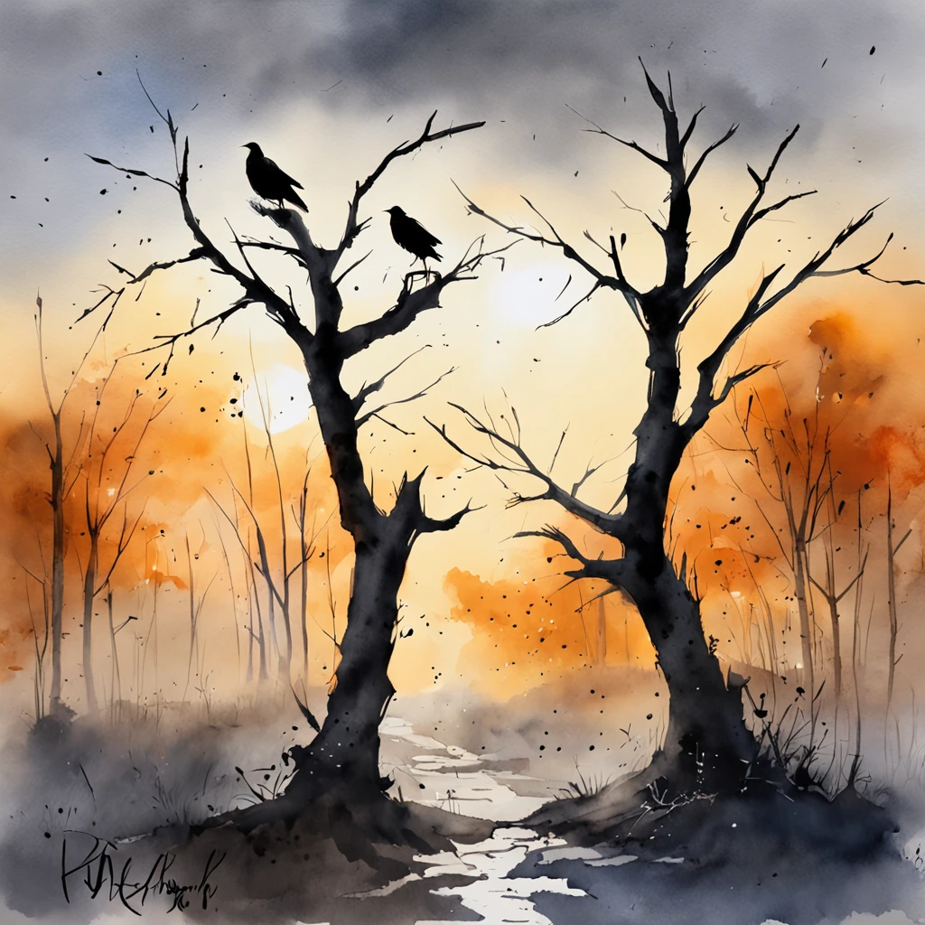 Two crows on a dead tree, A shadow shaped like a walker, Starry night, Thick fog on the ground, Blue light on the horizon, Unreal Engine 5, Cinematic, low angle photography, Motion blur, Depth of field, Dust, Cobblestones and dirt. Splash Art, dripping paint. Perfect color grading. Influenced by Karel Appel and Jeremy Mann, Full of dramatic and threatening scenes, Hyper-detailed, Beautiful, insanely details, Intricate details, editorial photography, shot with a 50mm lens, Depth of field, Tilt Blur, Shutter speed 1/1000, f/22. Lightmaps, Super bright