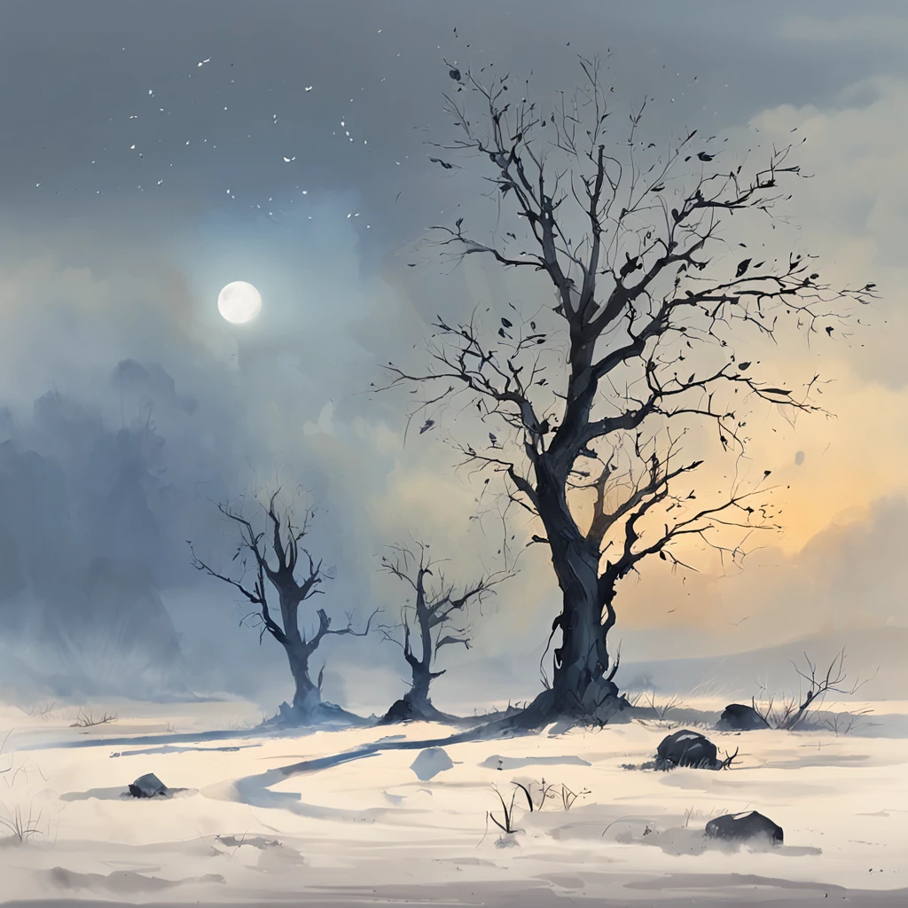 Two crows on a dead tree, A shadow shaped like a walker, Starry night, Thick fog on the ground, Blue light on the horizon, Unreal Engine 5, Cinematic, low angle photography, Motion blur, Depth of field, Dust, Cobblestones and dirt. Splash Art, dripping paint. Perfect color grading. Influenced by Karel Appel and Jeremy Mann, Full of dramatic and threatening scenes, Hyper-detailed, Beautiful, insanely details, Intricate details, editorial photography, shot with a 50mm lens, Depth of field, Tilt Blur, Shutter speed 1/1000, f/22. Lightmaps, Super bright