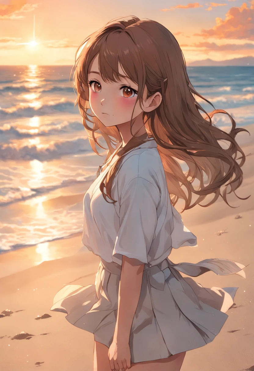 masterpiece, best quality, movie still, 1girl, cloud girl, floating in the sky, close-up, bright, happy, warm soft lighting, sunset, (sparks:0.7) 8k, raw camera, highres, detailed, masterpiece, portrait, photorealistic, hyperrealist, aesthetic, beautiful, best quality, highly detaile, best quality clothing, aesthetic clothings, professional angle, rule of thirds, Feminine, delicate, beautiful, 19 years, attractive Japanese, (solo), 1 girl, (), (In Sunset beach, standing or sitting in the sand), (Medium shot), ((From Front or 3/4 view) Shallow depth of field), Warm sunset colors, ((Contemplative, peaceful)), (Long Hair, HazelNut Brown Hair), (Loose waves or side ponytail Hair, Bangs down or pulled back bangs, Wavy Hair), ((-)), (Golden Brown Eyes, Calm, half-open gaze Eyes, Gazing at the horizon or the viewer Gaze), (None, Relaxed arms by the sides or hands in pockets), (Standing upright or seated on the sand, Mouth Gentle smile), -, -, (Average Bust), ((Flowy white blouse with rolled-up sleeves, Flowing skirt or casual shorts)), (Light cardigan draped over shoulders, None), (Sunlight catching the fabric's texture), beautiful body, beautiful eyes, shiny eyes, shiny hair, beautiful mouth, beautiful lips, beautiful skin, beautiful face