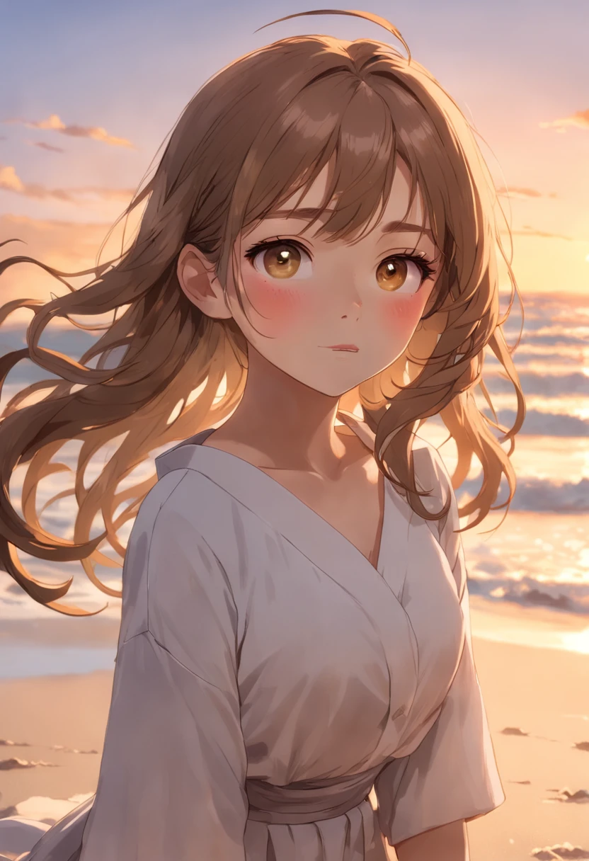masterpiece, best quality, movie still, 1girl, cloud girl, floating in the sky, close-up, bright, happy, warm soft lighting, sunset, (sparks:0.7) 8k, raw camera, highres, detailed, masterpiece, portrait, photorealistic, hyperrealist, aesthetic, beautiful, best quality, highly detaile, best quality clothing, aesthetic clothings, professional angle, rule of thirds, Feminine, delicate, beautiful, 19 years, attractive Japanese, (solo), 1 girl, (), (In Sunset beach, standing or sitting in the sand), (Medium shot), ((From Front or 3/4 view) Shallow depth of field), Warm sunset colors, ((Contemplative, peaceful)), (Long Hair, HazelNut Brown Hair), (Loose waves or side ponytail Hair, Bangs down or pulled back bangs, Wavy Hair), ((-)), (Golden Brown Eyes, Calm, half-open gaze Eyes, Gazing at the horizon or the viewer Gaze), (None, Relaxed arms by the sides or hands in pockets), (Standing upright or seated on the sand, Mouth Gentle smile), -, -, (Average Bust), ((Flowy white blouse with rolled-up sleeves, Flowing skirt or casual shorts)), (Light cardigan draped over shoulders, None), (Sunlight catching the fabric's texture), beautiful body, beautiful eyes, shiny eyes, shiny hair, beautiful mouth, beautiful lips, beautiful skin, beautiful face