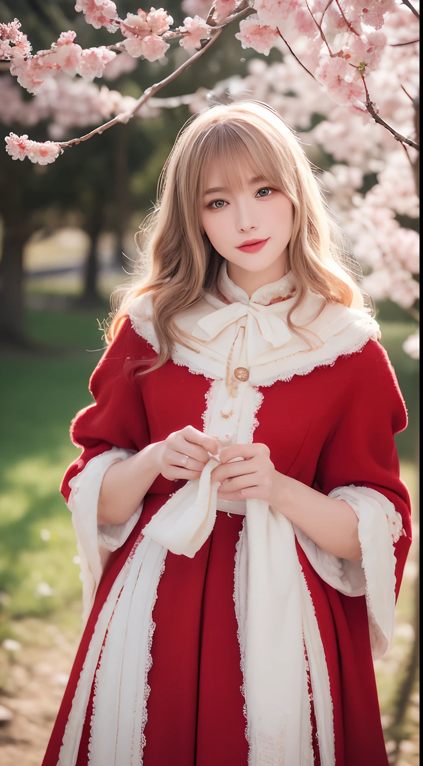 ((best qualtiy, 8K, tmasterpiece:1.3)), Focus:1.2, perfect figure beautiful woman:1.4, Cocked buttocks:1.2, ((long whitr hair)), (Wool cloak:1.1) , (Cherry blossom bushes:1.2),Lace aristocratic red Lolita costume:1.1, Highly detailed facial and skin texture, A detailed eye, 二重まぶた，Whiten skin，ssmile，huge tit，Cinematic lighting，Detailed details，Real hair and skin，