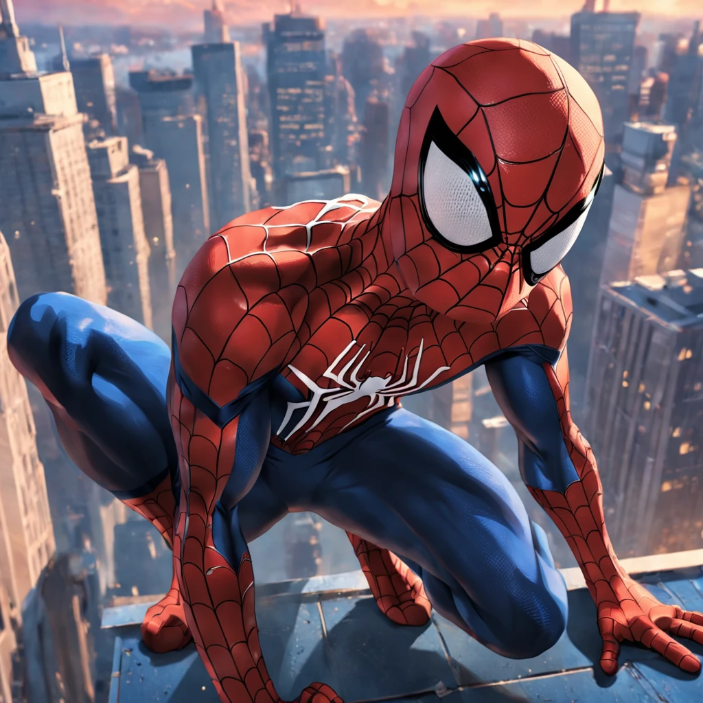 Spiderman ((sem mascara)) on top of a skyscraper, imagem fantastica, Closeup, Cena de filme, 8k