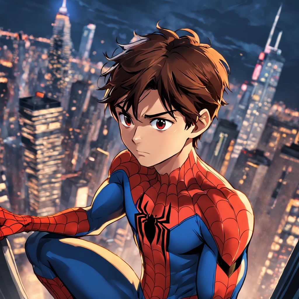 Spiderman ((sem mascara)) on top of a skyscraper, imagem fantastica, Closeup, Cena de filme, 8k
