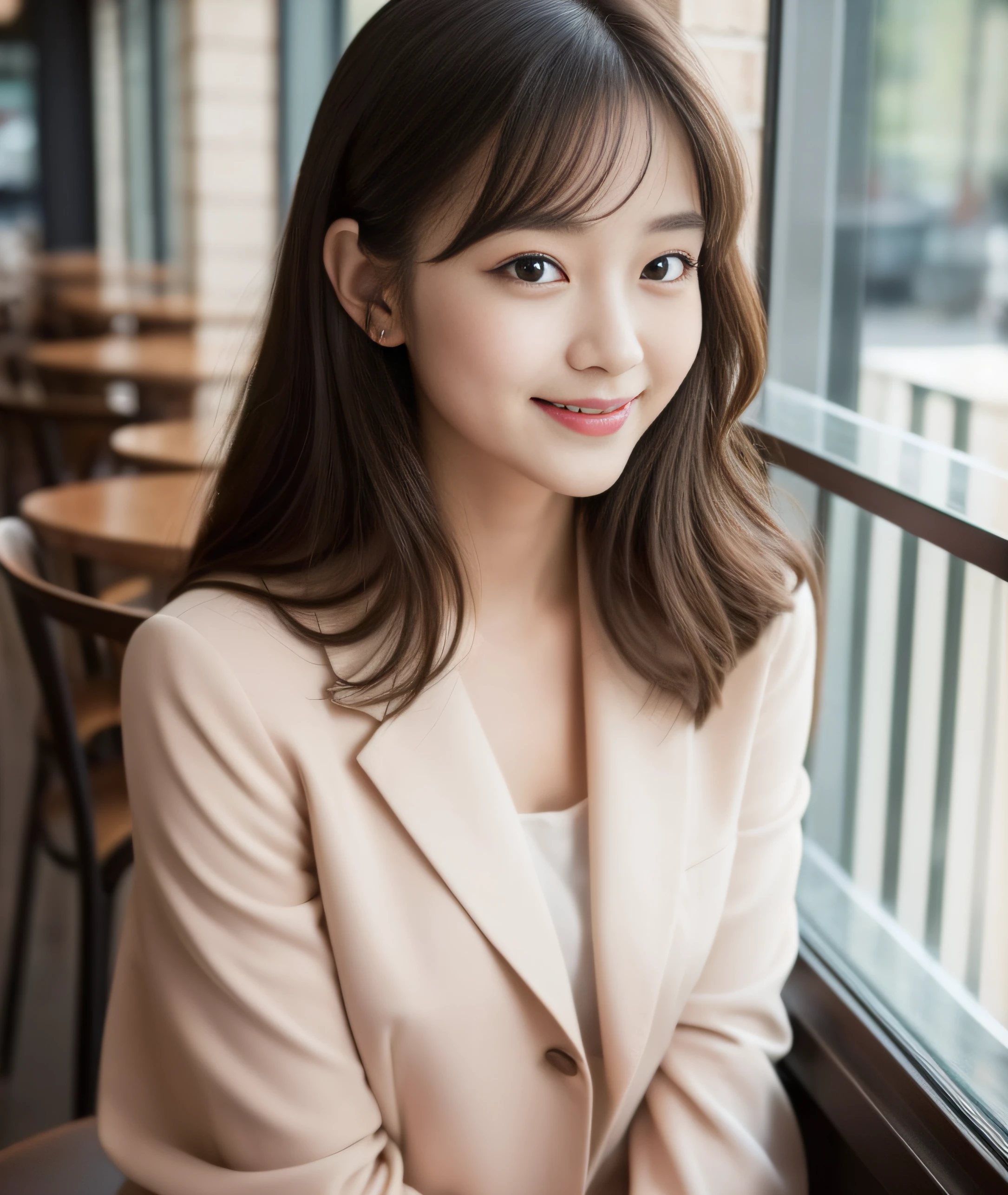 ((best quality, 8K, masterpiece: 1.3)), beautiful girl, pure, melon face, kind and cute, sweet smile, pure desire, slender body, (front), (tilted head), ((looking at camera)), pure desire, wearing a pink suit, black silky medium hair, long flowing shoulders, round black big eyes, clear big eyes, moist red lips, sweet, sitting in a cafe, cafe background , (((whole body))),