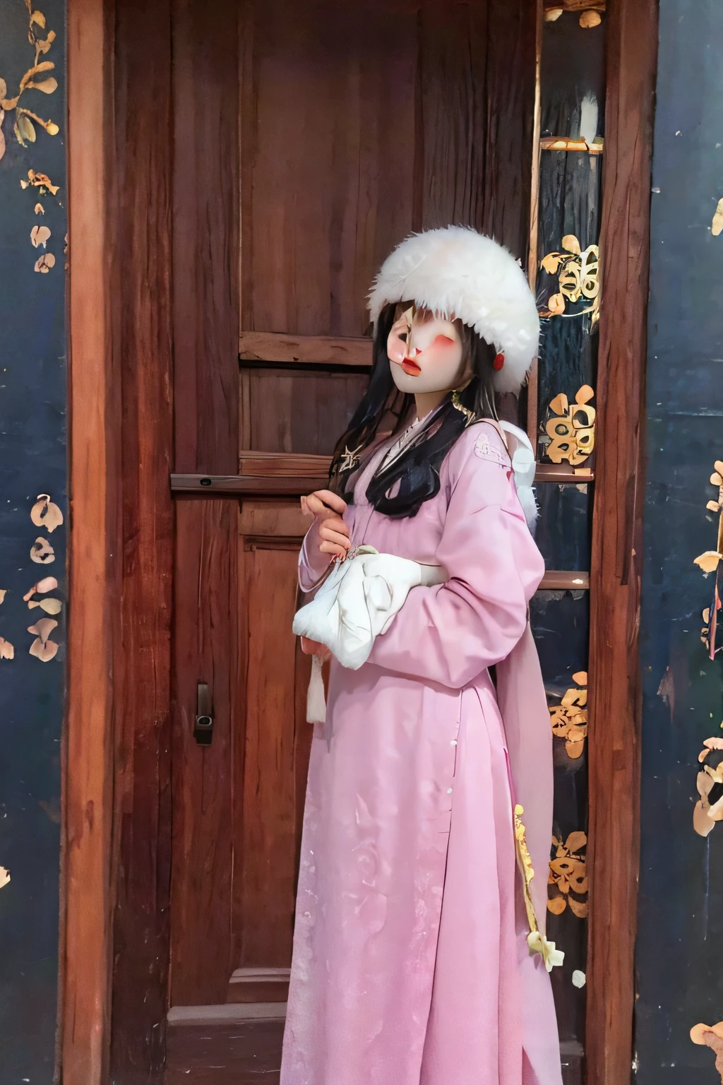 An Araki woman in a pink coat and hat stood in front of the door, Traditional Chinese clothing, with acient chinese clothes, Palace ， A girl in Hanfu, clothed in ancient street wear, Chinese girl, Femme, Chinese style, Chinese woman, Girl, Hanfu, Wearing ancient Chinese clothes, teens girl,Lateral waist，The figure is good，long leges，Ghost mask in hand，Bigchest，