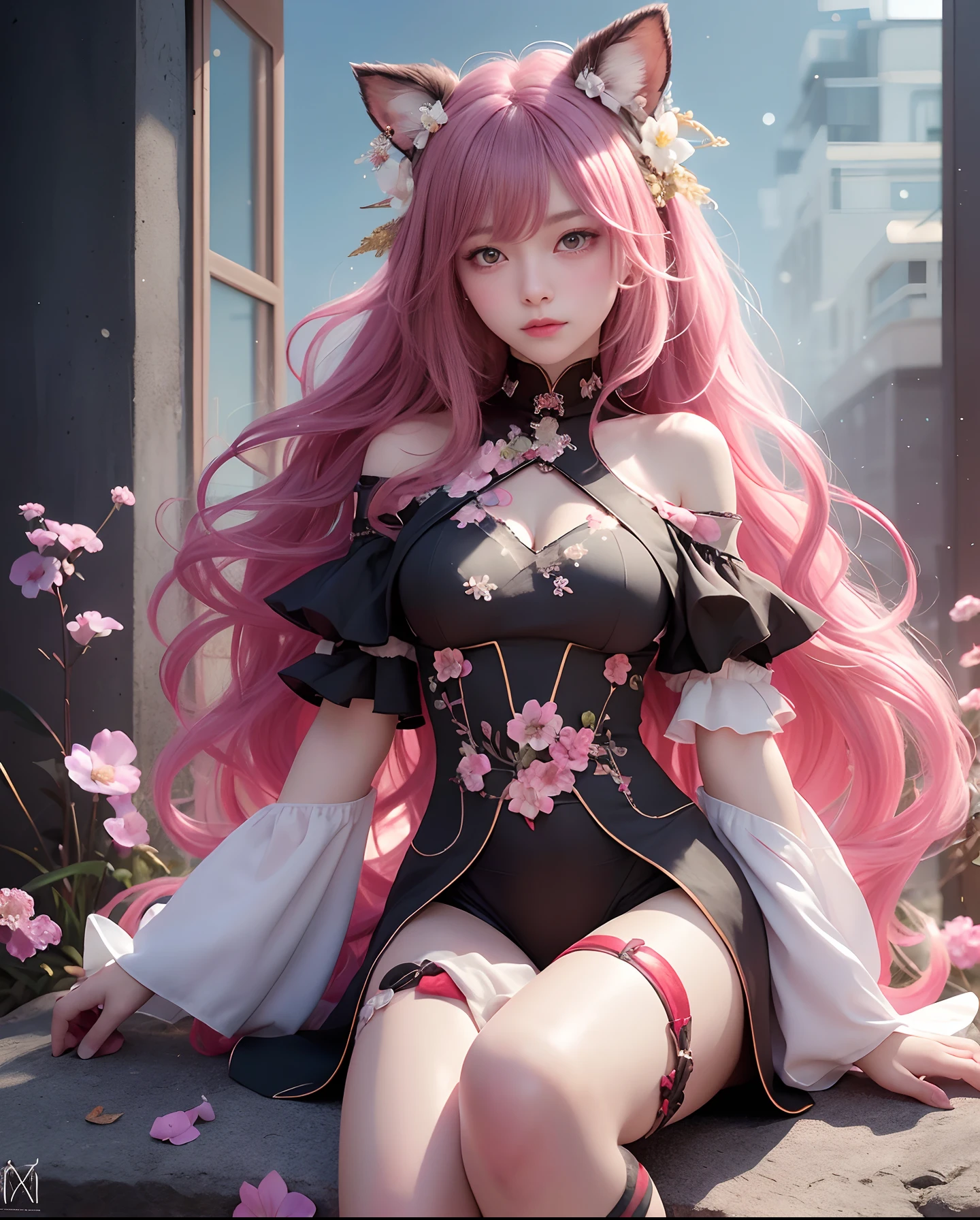 （（best qualtiy））， （（tmasterpiece））， （detail：1.4）， Beautiful cyberpunk Japan woman image，sixteen years old，(Photograph the whole body)，nffsw（HighDynamicRange），Ray traching，NVIDIA RTX，Hyper-Resolution，illusory 5，Sub-surface scattering，PBR Textures，post processed，Anisotropy Filtering，depth of fields，maximum definition and sharpness，multi-layer texture，Albedo e mapas Speculares，Surface Coloring，Mitsu-Accurate simulation of material interactions，Perfectly proportioned，rendering by octane，Two-colored light，Large aperture，Low ISO，White Balance，Rule three points、8K raw data、Beautiful bright red pupils，Off-the-shoulder clothing，Fine pupils，Pink and red gradient on chestnut hair，Red hair tips、Delicate face and eyes，with round face,　drooing eyes,　long eyelasher，Blushlush，Delicate and fluffy hair，lip，pure，Cute face，Sweet girl，Artistic sense，Casual wear，Advanced Sense，flower petals，Snowflake,　Briar snow background,　Beautiful Hair Accessories，long hair and waist，Hair fluttering in the wind，Snow White cat ears,　Curly、Make it look like a real photo、Transparent skin、Body Slender、Breasts are small and B size、Seductive smile,(((Background and People 4:1)))、Lots of colorful flowers on the background、Lots of colorful flowers on the background、((The background is whole４cut))、legs crossed、Shy laughter、top-quality、(Zentangle、a Mandala、Tangles、Entanglement)、Floral tights up to the knee、garterbelts、
