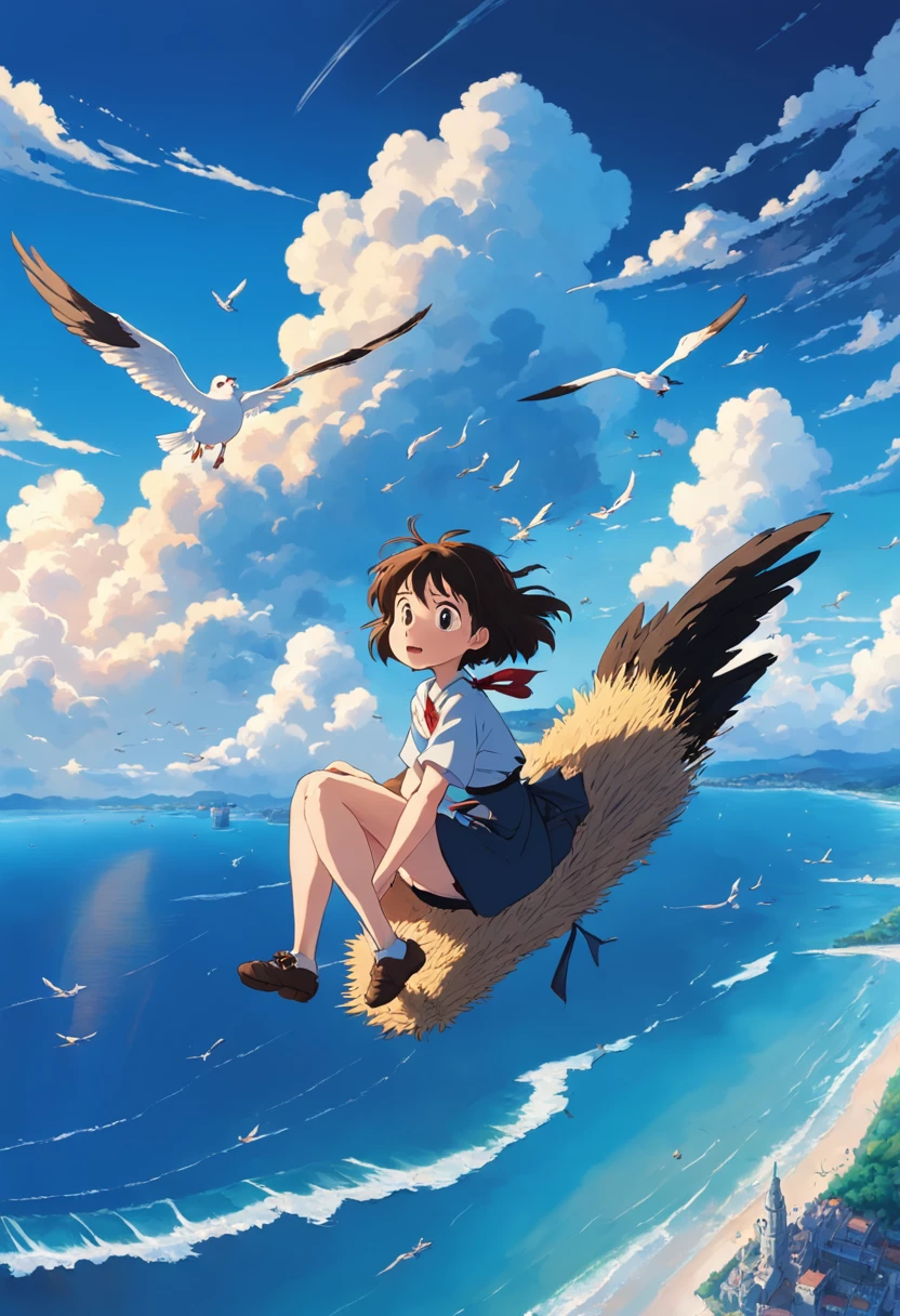 masterpiece, birdview, best quality, movie still, 1girl ride on a broom flying on the sky, seagull, below is blue sea and island, kikis delivery service, miyazaki's animated film, ghibli anime, cloud floating in the sky, blue sky, close-up, bright, happy, warm soft lighting, sunrise, (sparks:0.7), Ultra-Wide Angle, 8k, super detail, ccurate, best quality