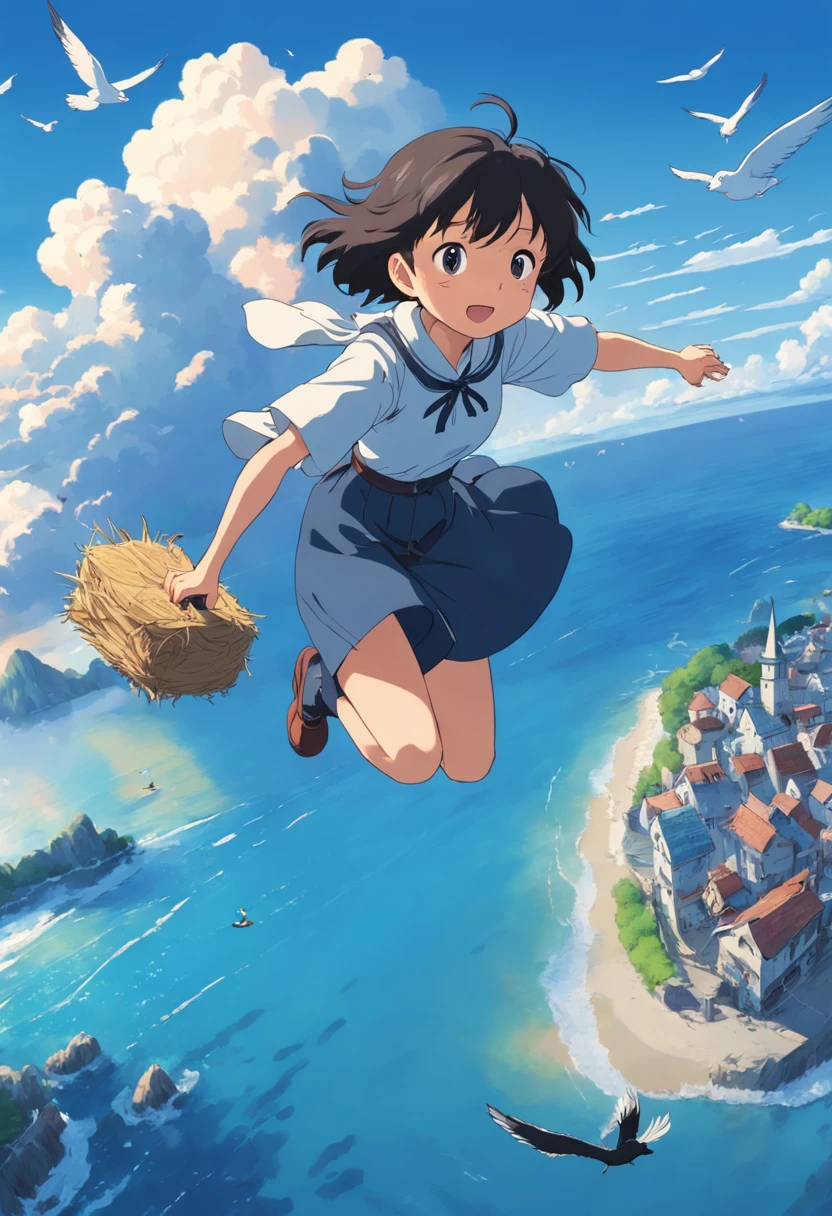 A woman flying over a beach with a bird and a bird nest - SeaArt AI