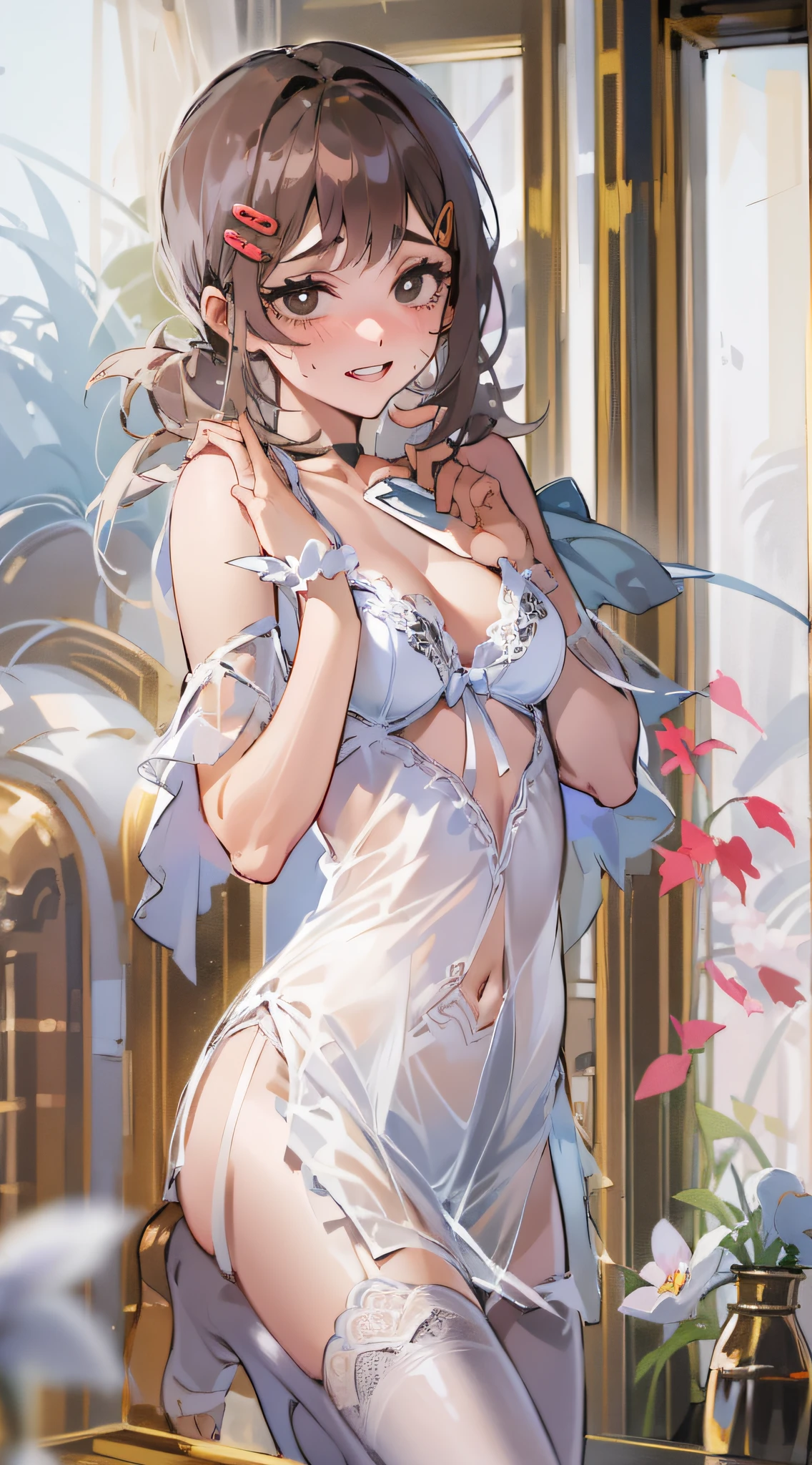 (1 girl in),(​masterpiece: 1.3), (Beautiful fece: 1.2), (hightquality: 1.2), (Fine details: 1.2), (beautidful eyes: 1.5), Portrait orientation, realisitic, 3D顔, Show your teeth and smile、tusk、(Bright eye: 1.1), shinny hair, shinny skin, Alone, embarrassed from, hason, brown haired, Black eyes, ,(an lingerie: 1.3), full body Esbian, Superior anatomy,pretty pose,pretty hand