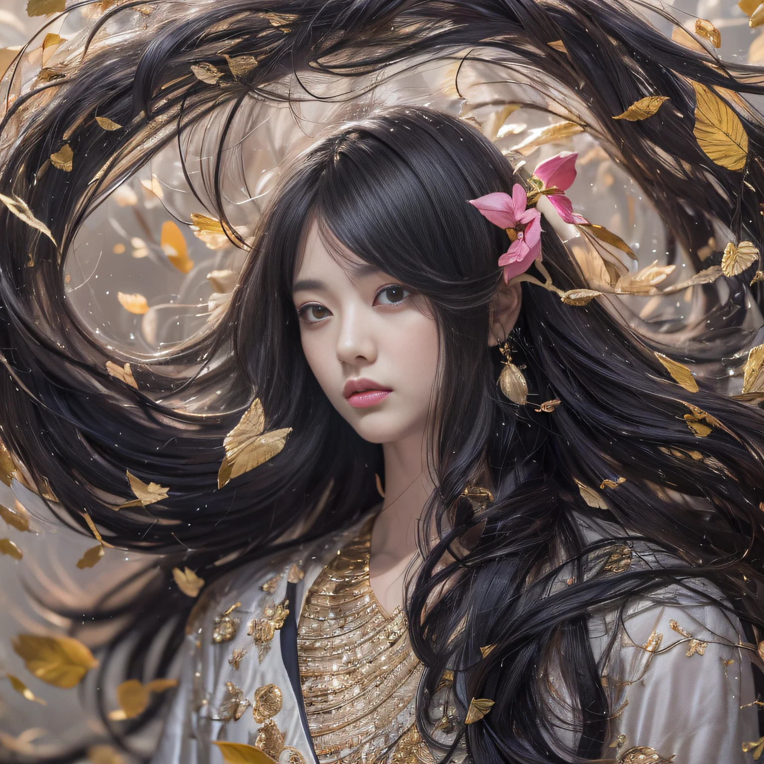 32K(tmasterpiece,k hd,hyper HD,32K)Long flowing black hair,ponds,zydink, a color, Asian people (Silly girl), (Silk scarf), Combat posture, looking at the ground, long whitr hair, Floating hair, Carp pattern headdress, Chinese long-sleeved clothing, (abstract ink splash:1.2), Pink petal background,Tulips flying(realisticlying:1.4),Black color hair,Fallen leaves flutter,The background is pure, A high resolution, the detail, RAW photogr, Sharp Re, Nikon D850 Film Stock Photo by Jefferies Lee 4 Kodak Portra 400 Camera F1.6 shots, Rich colors, ultra-realistic vivid textures, Dramatic lighting, Unreal Engine Art Station Trend, cinestir 800,Long flowing black hair