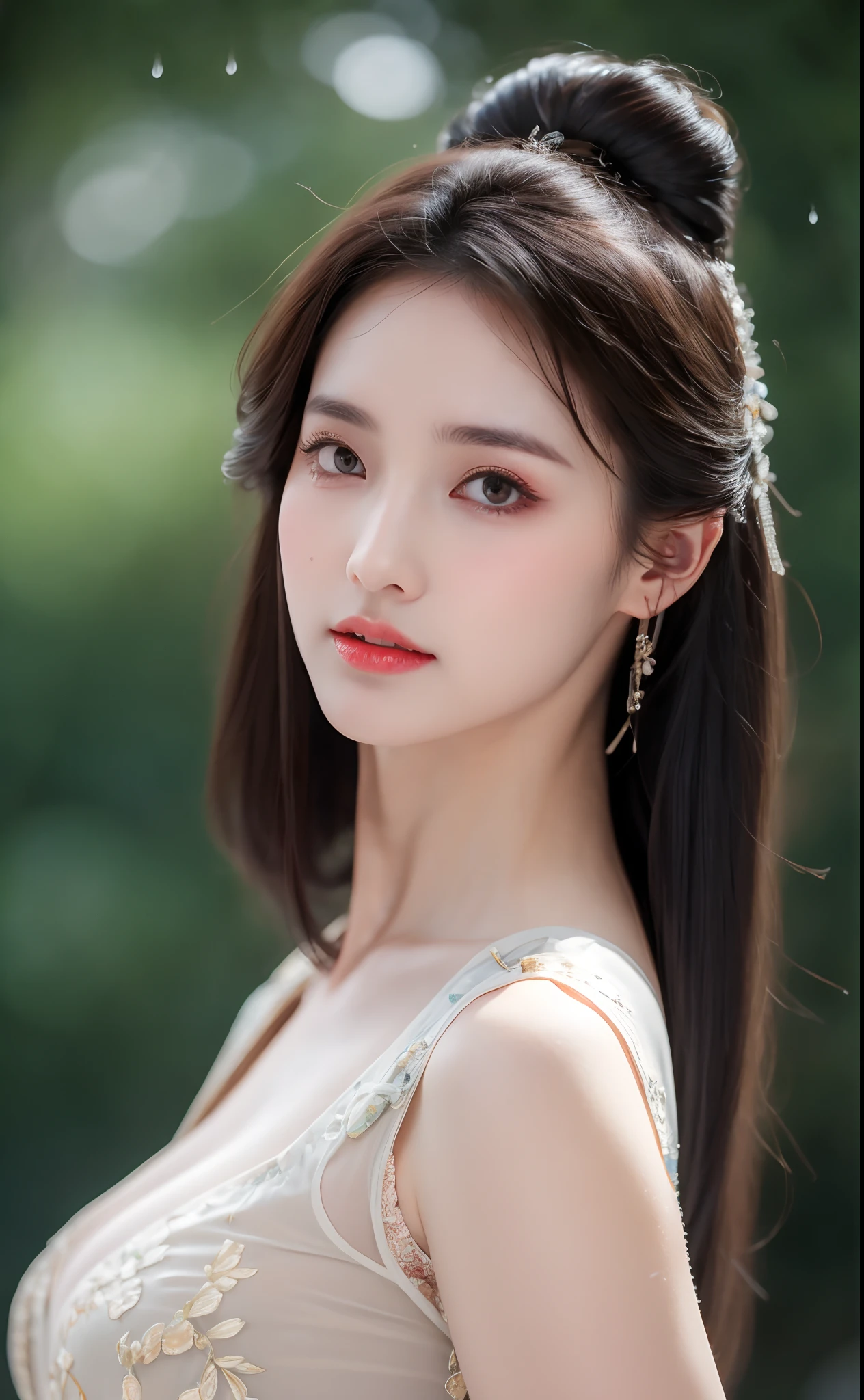 ((Best Quality, 8k, Masterpiece: 1.3)), Focus: 1.2, Perfect Body Beauty: 1.4, Buttocks: 1.2, ((Layered Haircut)), (Wet Clothes: 1.1), (Rain, Street:1.3), (Breasts: 1.2), (Hanfu: 1.2), Bare Shoulders, Bare Legs, Highly Detailed Face and Skin Texture, Fine Eyes, Double Eyelids, Whitened Skin, Long Hair, (Shut Up: 1.5), (Bokeh Background: 1.5), Big Breasts