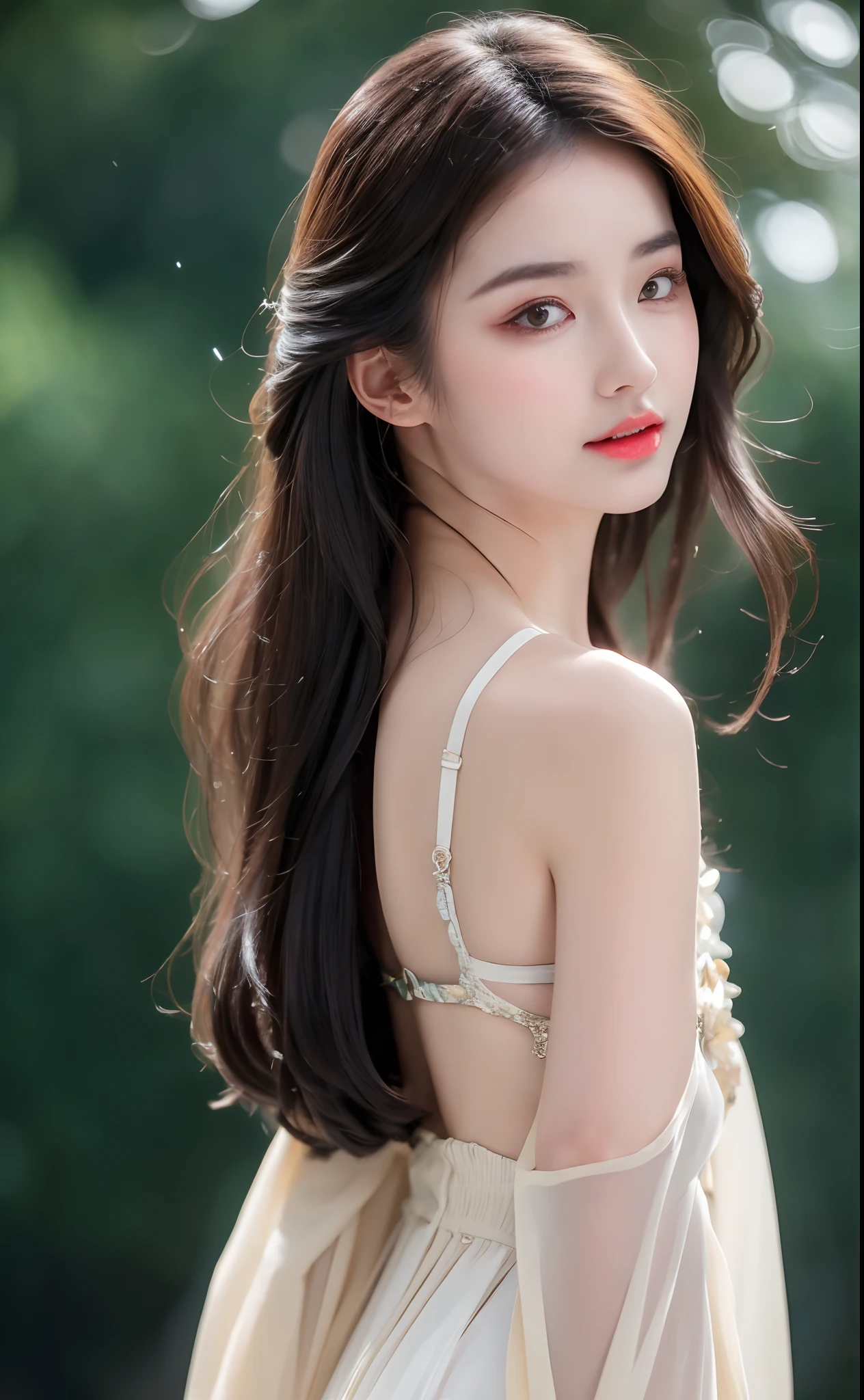 ((Best Quality, 8k, Masterpiece: 1.3)), Focus: 1.2, Perfect Body Beauty: 1.4, Buttocks: 1.2, ((Layered Haircut)), (Wet Clothes: 1.1), (Rain, Street:1.3), (Breasts: 1.2), (Hanfu: 1.2), Bare Shoulders, Bare Legs, Highly Detailed Face and Skin Texture, Fine Eyes, Double Eyelids, Whitened Skin, Long Hair, (Shut Up: 1.5), (Bokeh Background: 1.5), Big Breasts
