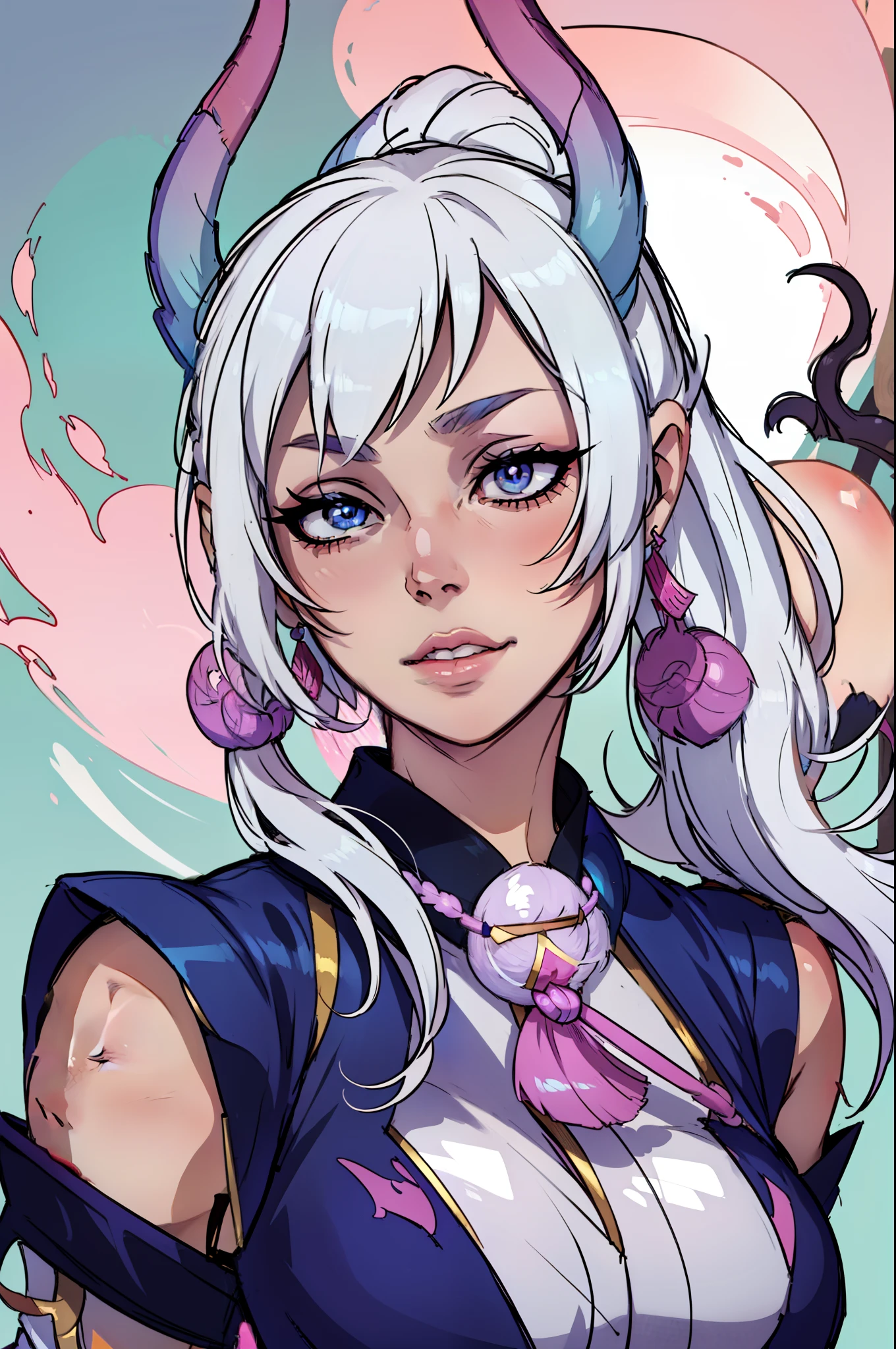 girl with white hair and blue eyes in a pink outfit, onmyoji detailed art, onmyoji portrait, onmyoji, league of legends style art, rossdraws pastel vibrant, portrait knights of zodiac girl, rossdraws cartoon vibrant, rossdraws sakimimichan, league of legends art style, rossdraws 1. 0, rossdraws 2. 0, best quality, master piece, portrait, closeup face