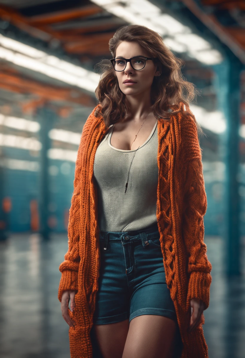 Pretty nerdy girl with natural saggy breast wearing a tight winter knit, industrial loft scenery, realistic illustration, detailed face
