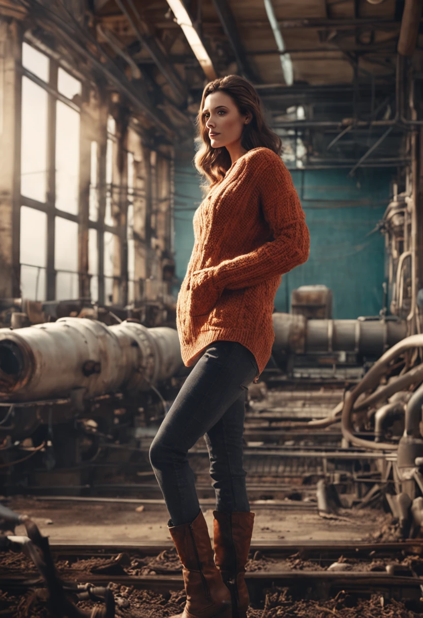 Pretty nerdy girl with natural saggy breast wearing a tight winter knit, industrial loft scenery, realistic illustration, detailed face