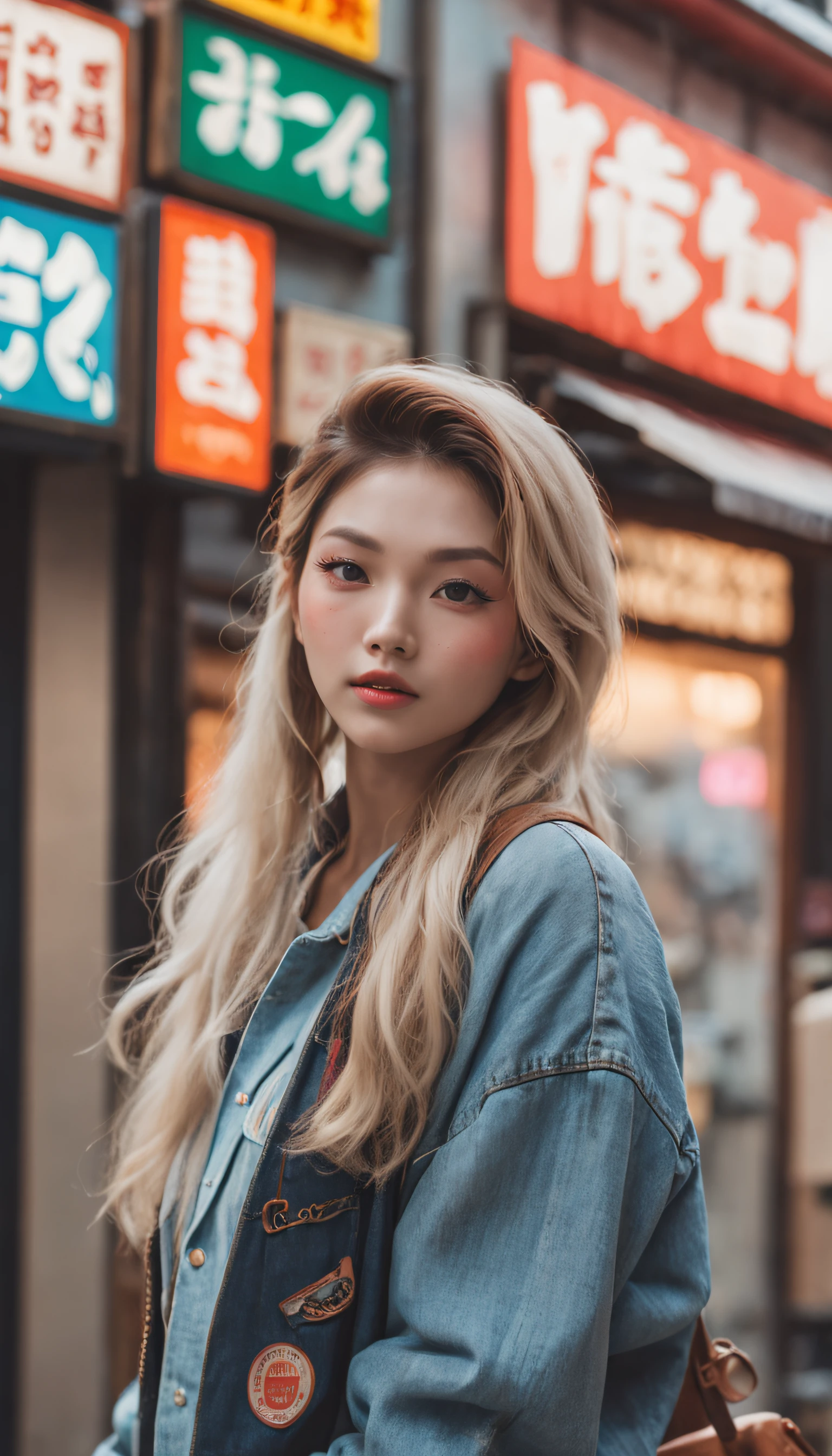 (Masterpiece, Street snapping style:1.2), A nostalgic image that captures the essence of Japan in the 1980s, (Dynamic urban environment:1.3), (Vibrant city streets with vintage signage:1.2), (Vintage fashion pedestrian:1.1), (Lively atmosphere:1.2), (Bustling crowd in the background:1.1), (Neon lights illuminate the scene:1.2), (Vintage arcades and colorful storefronts:1.1), (Authentic street food stalls:1.2), (An eclectic fusion of people and culture:1.1), (A young woman with blonde hair:1.2), (High-waisted mom jeans:1.1), (Oversized denim jacket,With patches:1.2), (Layered vintage T-shirt:1.1), (Chunky sneakers and colorful socks:1.2), (Playful accessories:1.1), (Round sunglasses with tinted lenses:1.2), (Vintage film camera with wide-angle lens:1.1), (Capture honest moments in everyday life:1.2), (Film grain and soft vignette effect:1.1), (Add a nostalgic touch:1.2), (The images exude a retro urban vibe:1.1), (Take the audience back in time:1.2), (A snapshot of Japanese street culture in the 1980s:1.1), (A celebration of fashion and zeitgeist:1.2), (Immerse the audience in the charm of a bygone era:1.1).