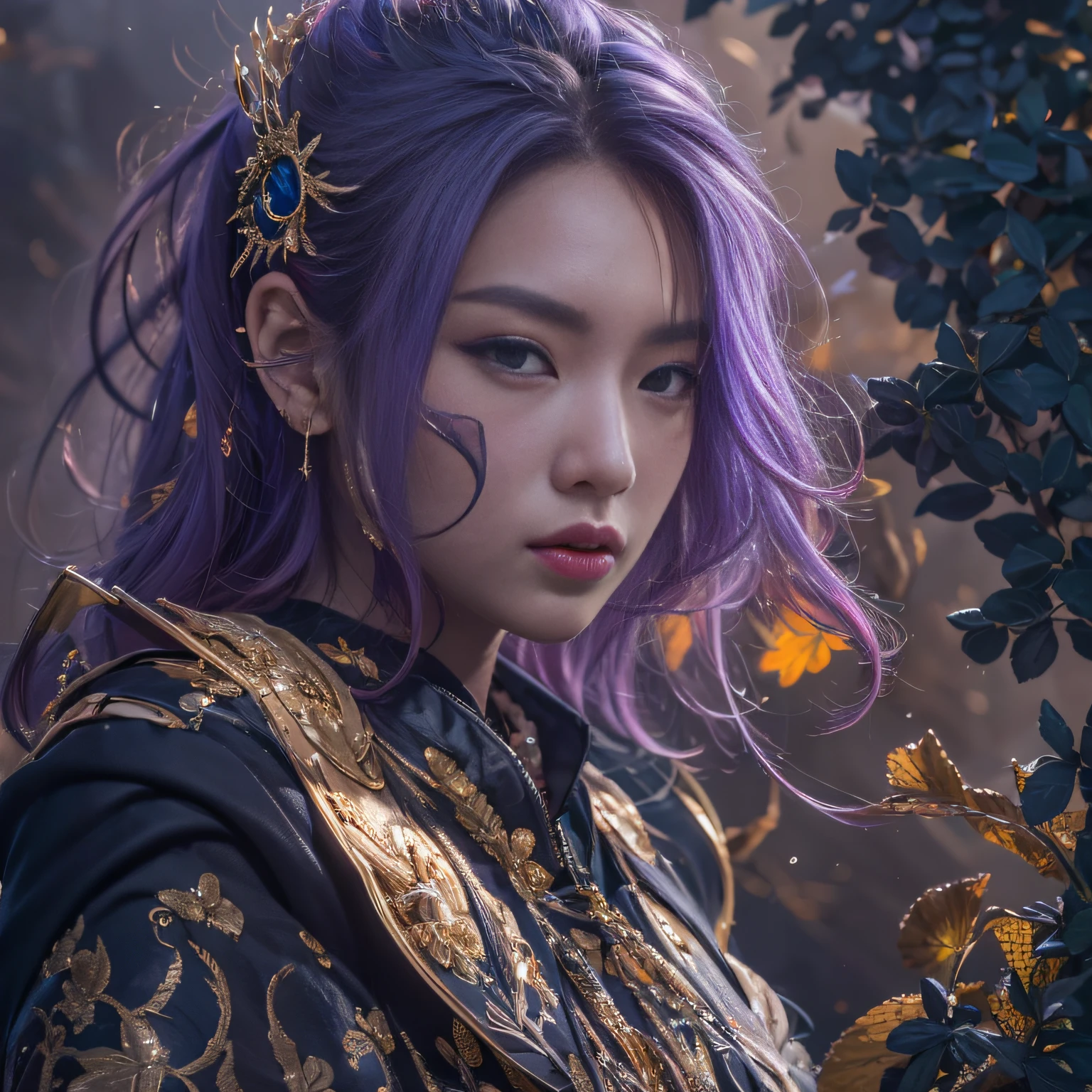 32K（tmasterpiece，k hd，hyper HD，32K）Long flowing bright purple hair，Autumn Pond，zydink， a color，  Asian people （Silly girl）， （Silk scarf）， Combat posture， looking at the ground， long whitr hair， Floating bright purple， Fire cloud pattern gold tiara， Chinese long-sleeved gold silk garment， （abstract ink splash：1.2）， smoky background，Lotus protector（realisticlying：1.4），Bright purple hair，Smoke on the road，The background is pure， A high resolution， the detail， RAW photogr， Sharp Re， Nikon D850 Film Stock Photo by Jefferies Lee 4 Kodak Portra 400 Camera F1.6 shots, Rich colors, ultra-realistic vivid textures, Dramatic lighting, Unreal Engine Art Station Trend, cinestir 800，Long flowing bright purple hair