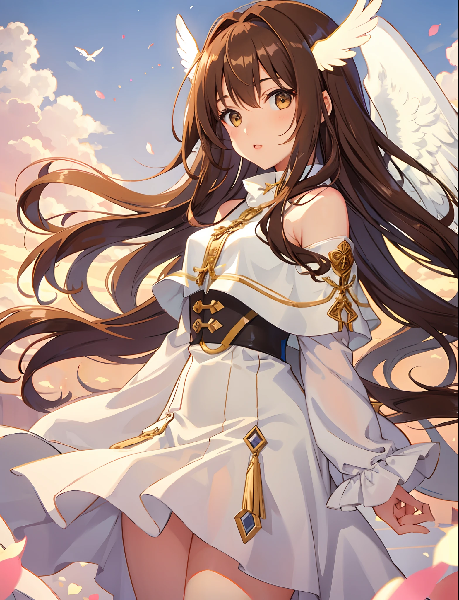 stacia, 1girl, solo, long hair, breasts, looking at viewer, smile, open mouth, bangs ,detailed eyes, beautiful background, (night sky, stars), hands on the chest, brown hair, thighhighs, gloves, dress, cleavage, bare shoulders, brown eyes, very long hair, standing, full body, white gloves, white dress, armor, white thighhighs, garter straps, fantasy, white armor, abec, masterpiece, best quality,
