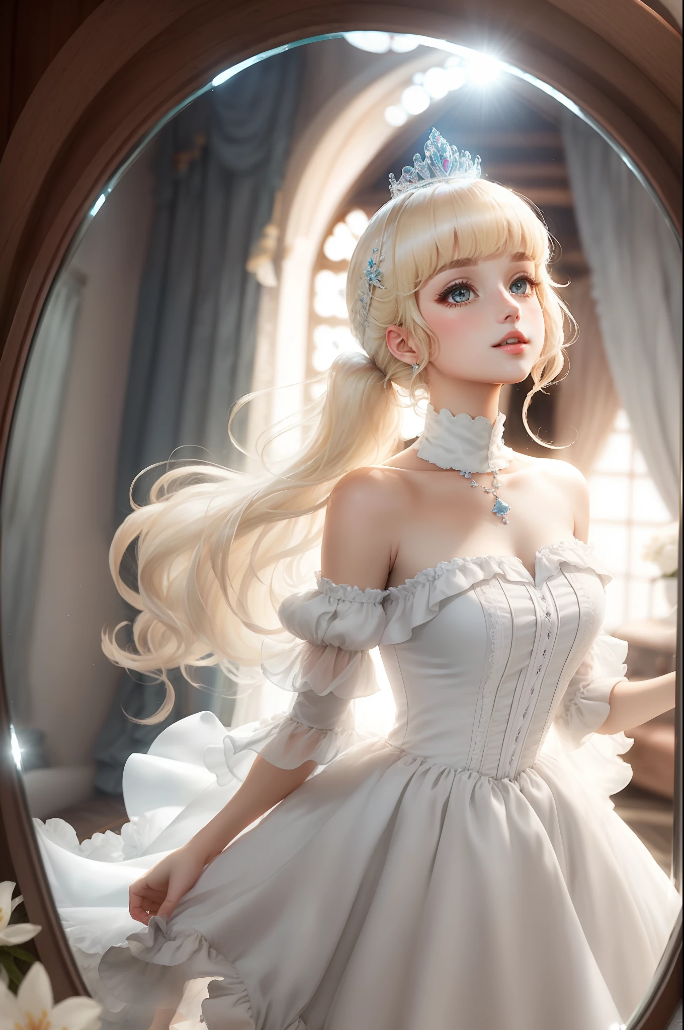 Princess　A Princess　Soft　Best quality in good style(Highest Quality) , High quality(hiquality)　fluffy dress blonde and soft hair　poneyTail　The whole body is reflected A wonderful atmosphere with very delicate tones
