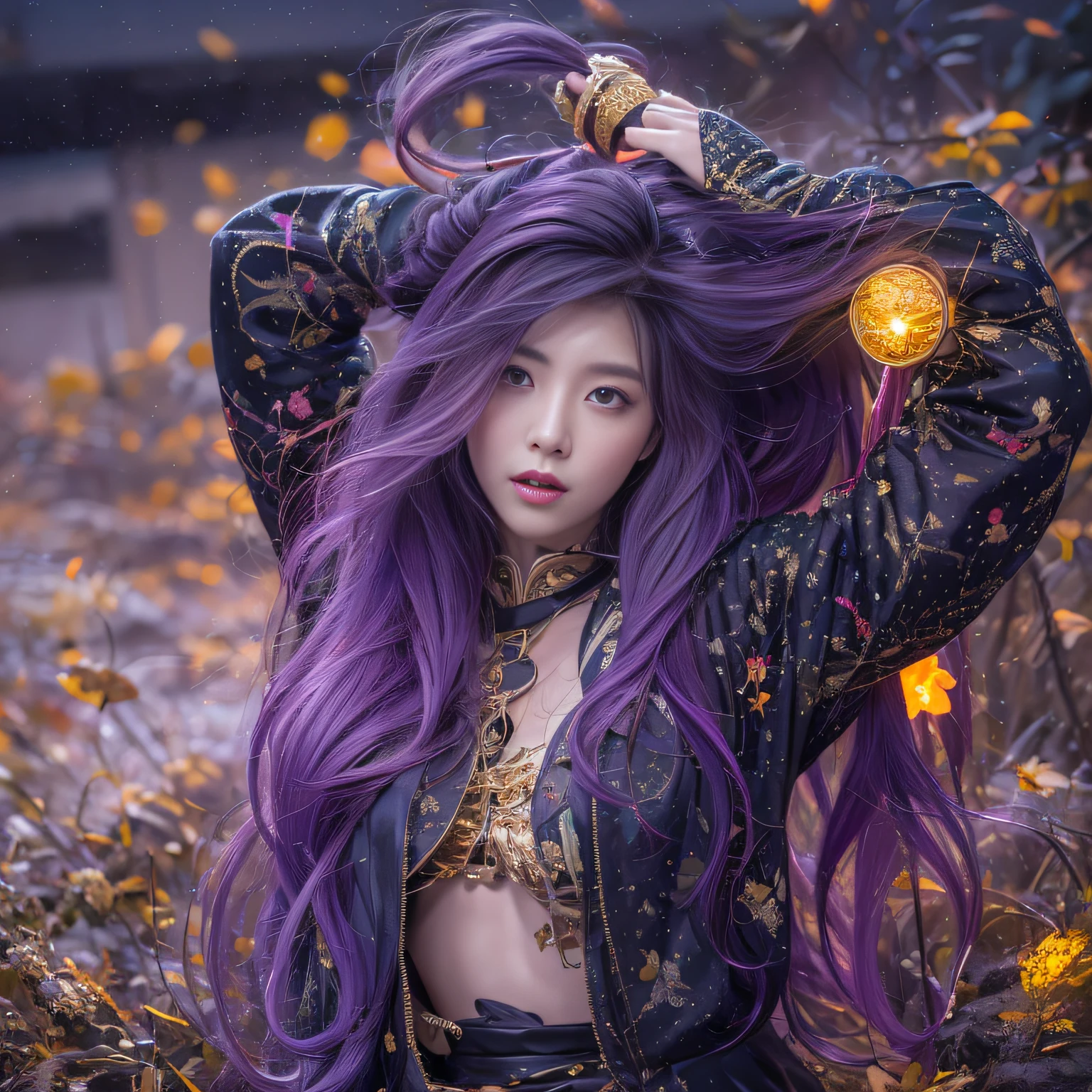32K(tmasterpiece,k hd,hyper HD,32K)Long flowing bright purple hair,Autumn Pond,zydink, a color, Asian people (Silly girl), (Silk scarf), Combat posture, looking at the ground, long whitr hair, Floating bright purple, Fire cloud pattern gold tiara, Chinese long-sleeved gold silk garment, (abstract ink splash:1.2), smoky background,Lotus protector(realisticlying:1.4),Bright purple hair,Smoke on the road,The background is pure, A high resolution, the detail, RAW photogr, Sharp Re, Nikon D850 Film Stock Photo by Jefferies Lee 4 Kodak Portra 400 Camera F1.6 shots, Rich colors, ultra-realistic vivid textures, Dramatic lighting, Unreal Engine Art Station Trend, cinestir 800,Long flowing bright purple hair