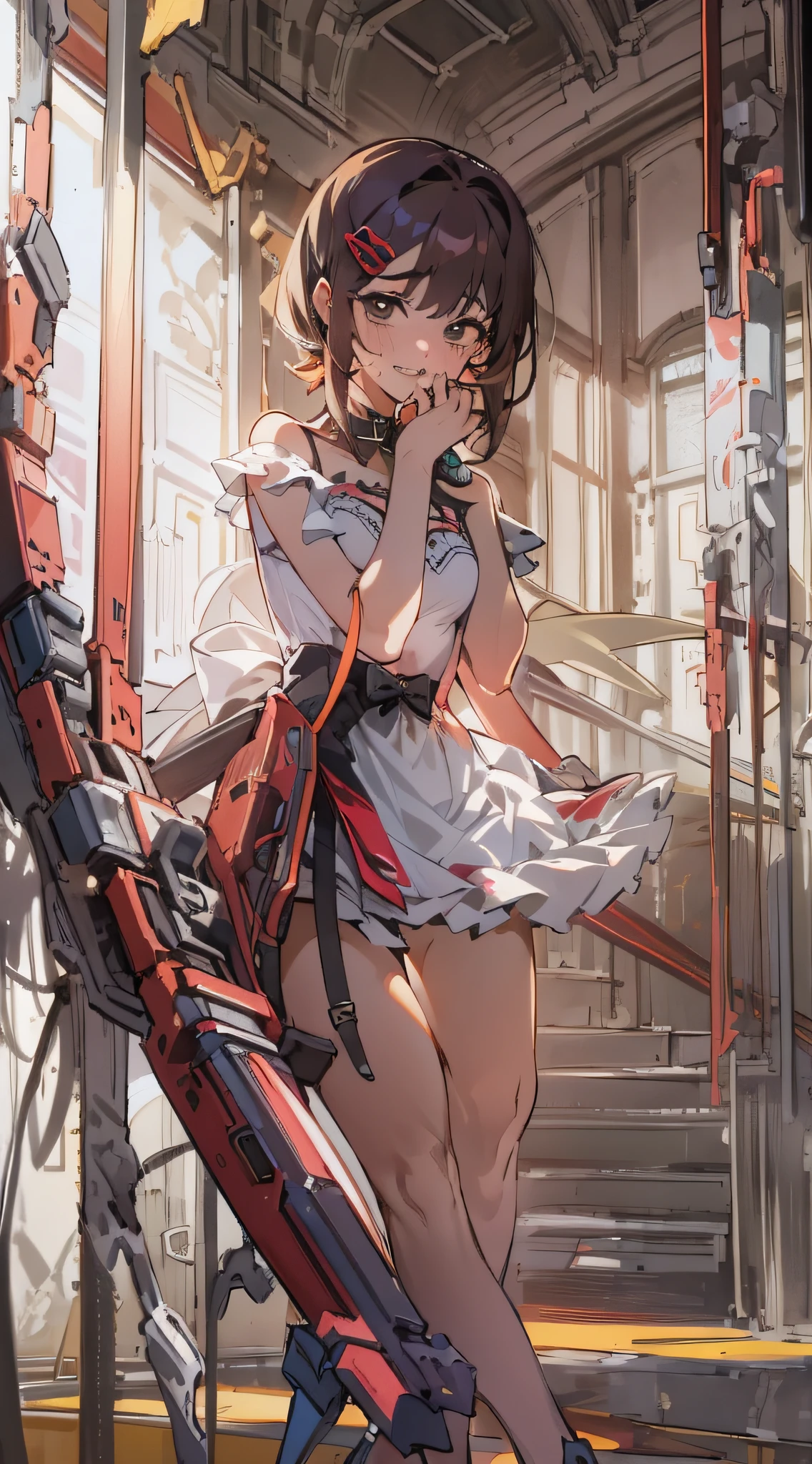 (1 girl in),(masterpiece: 1.3), (Beautiful fece: 1.2), (hightquality: 1.2), (Fine details: 1.2), (beautidful eyes: 1.5), Portrait orientation, realisitic, 3D顔, Show your teeth and smile、tusk、(Bright eye: 1.1), shinny hair, shinny skin, Alone, embarrassed from, hason, brown haired, Black eyes, ,(an lingerie: 1.3), full body Esbian, Superior anatomy,pretty pose,pretty hand