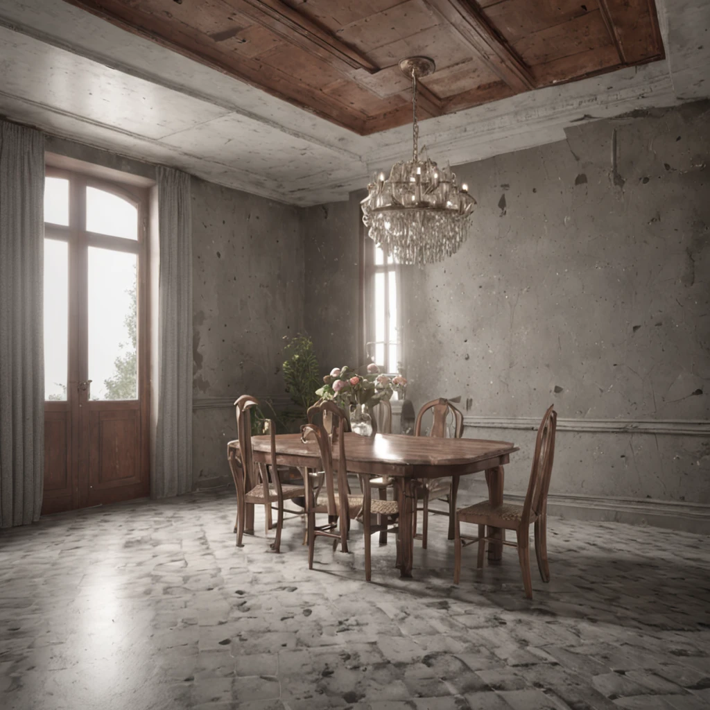 (Professional 3D rendering:1.3) de (Realistic:1.3) Foto de casa abandonada art deco, (vibrante, fotogrdeia realista, Realistic, Dramatic, foco nítido, 8k), e, (altamente detalhado:1.4), , foco nítido, floating particles