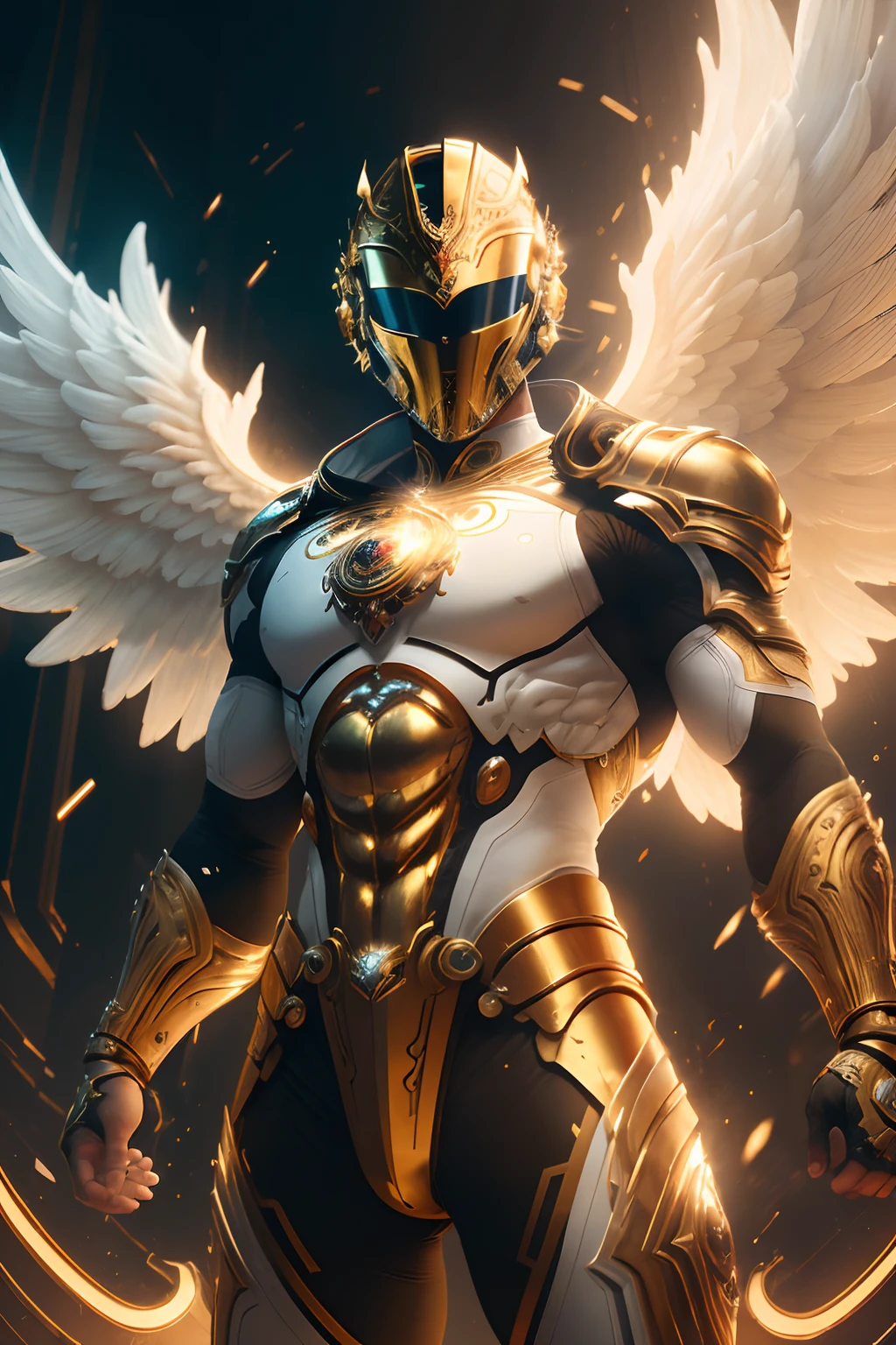 (8k), Ultra resolution 8K, Stunning illustration of an angel wearing a biomechanical lion mask helmet, Warrior Prince,Gold athletic body and white suit,de guerrero angel, cinematic lighting, fondo Cinematic, agregar efecto al final