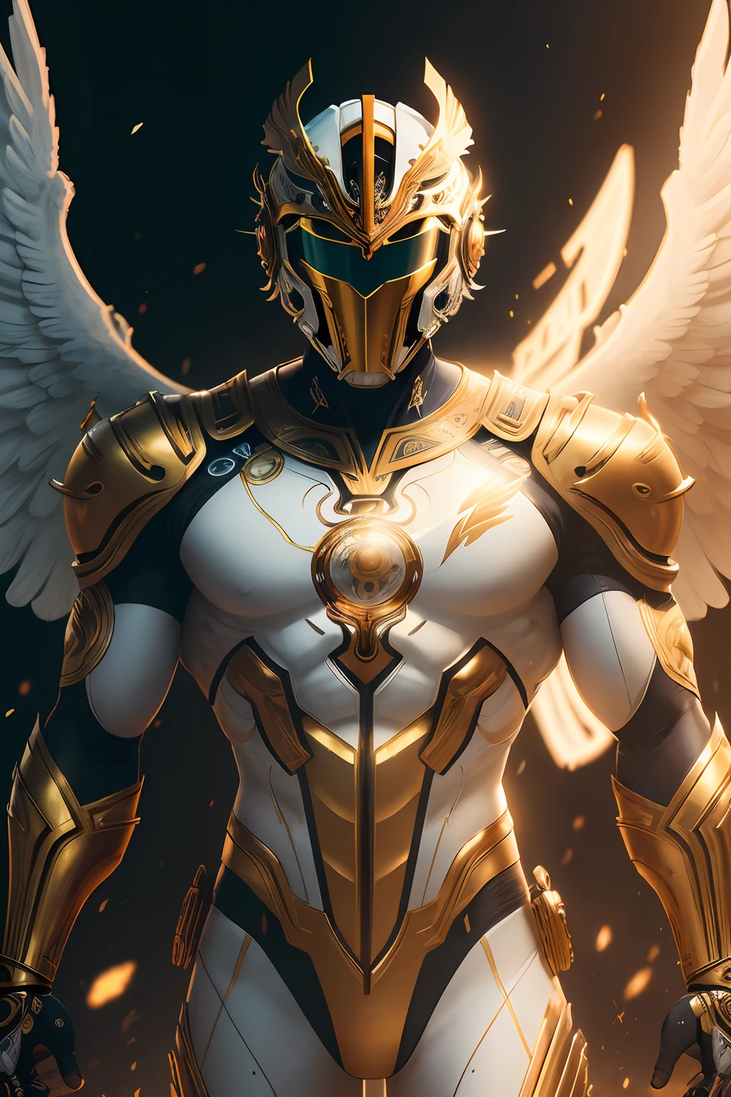 (8k), Ultra resolution 8K, Stunning illustration of an angel wearing a biomechanical lion mask helmet, Warrior Prince,Gold athletic body and white suit,de guerrero angel, cinematic lighting, fondo Cinematic, agregar efecto al final