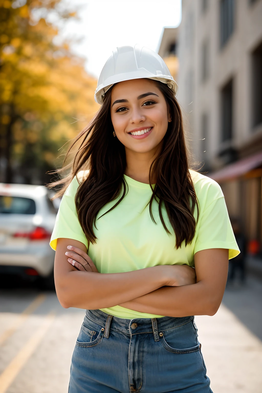 instagram photo, full body closeup face photo of 18 y.o woman embracing her role as a construction worker, beautiful face, makeup, her warm smile contrasting with her rugged attire, portraying strength as a construction worker, Sony A6400 with 16-50mm f/3.5-5.6 lens, balanced outdoor light, lifestyle photography. bokeh, motion blur