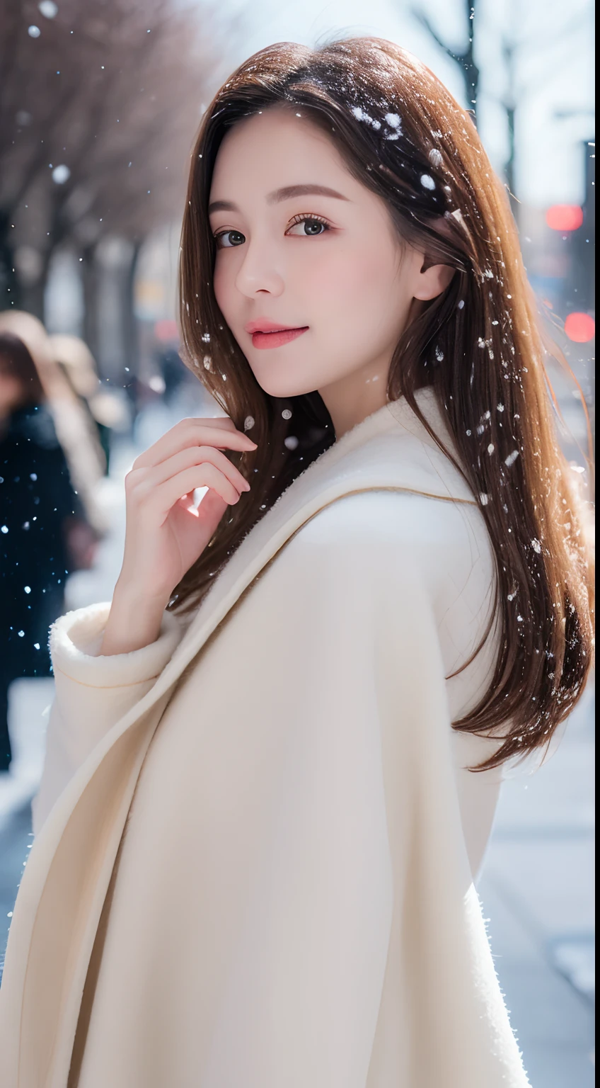 ((best qualtiy, 8K, tmasterpiece:1.3)), Focus:1.2, perfect figure beautiful woman:1.4, Cocked buttocks:1.2, ((long whitr hair)), (Wool cloak:1.1) , (Falling snow, street,stop,copse,snow cover:1.3),Lace aristocratic red ta costume:1.1, Highly detailed facial and skin texture, A detailed eye, 二重まぶた,Whiten skin,ssmile,huge tit,Cinematic lighting,Detailed details,Real hair and skin,