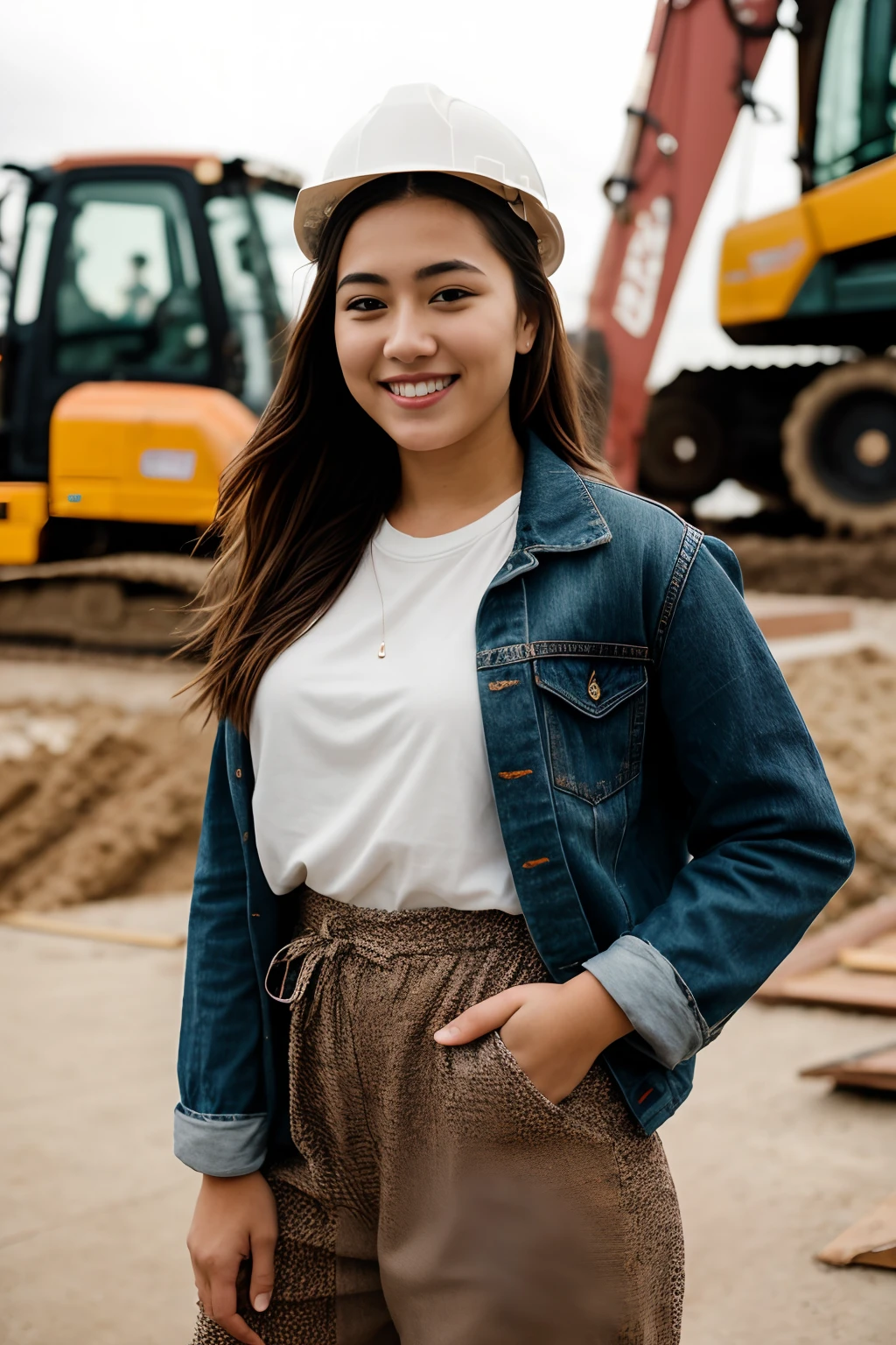 instagram photo, full body closeup face photo of 18 y.o woman embracing her role as a construction worker, beautiful face, makeup, her warm smile contrasting with her rugged attire, portraying strength as a construction worker, Sony A6400 with 16-50mm f/3.5-5.6 lens, balanced outdoor light, lifestyle photography. bokeh, motion blur