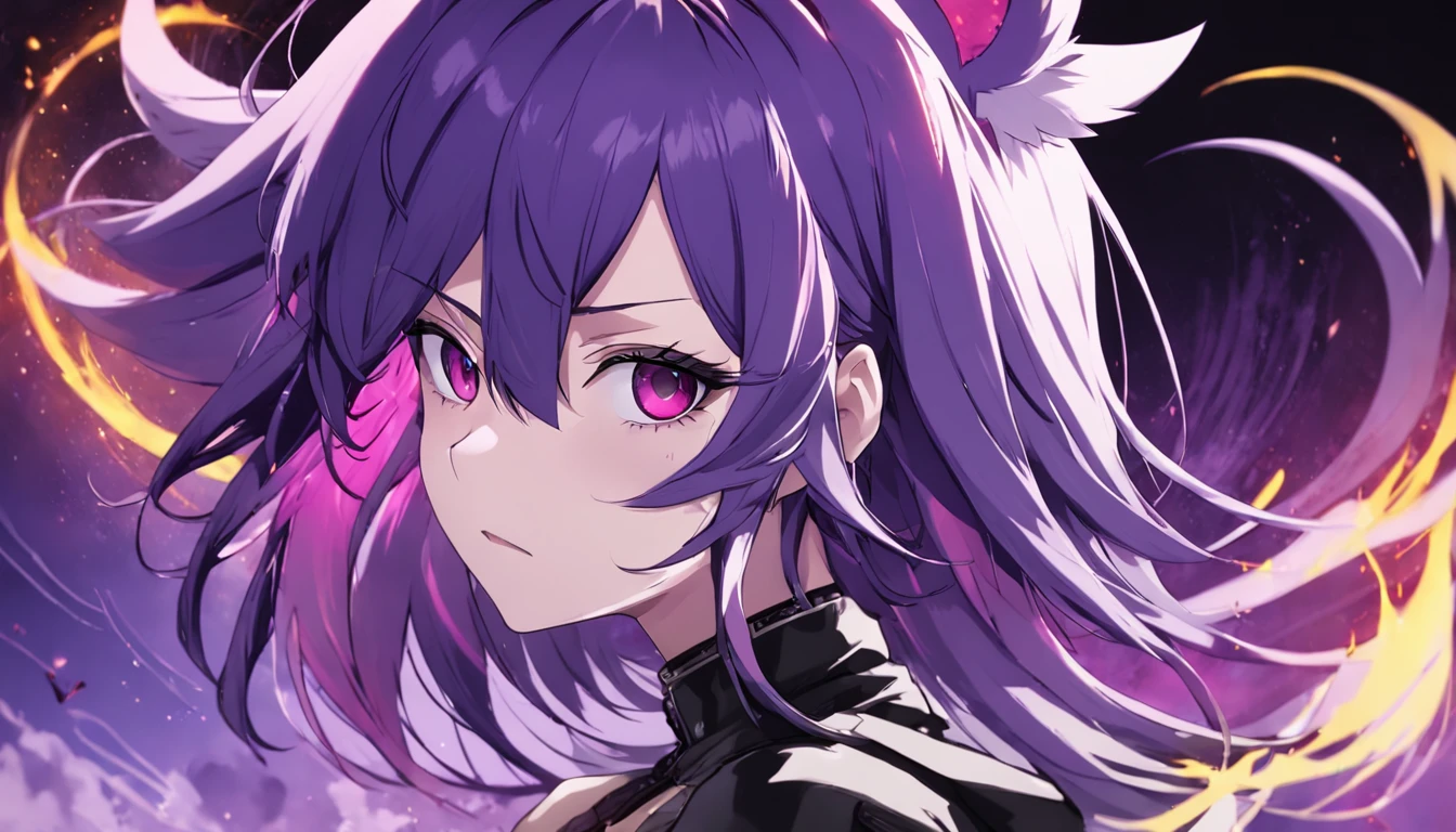 Anime character with purple hair and black mask with purple and black background, discord profile picture, profile picture 1024px, art cover, ((Hypersaturated)), by Kanbun Master, digital art from danganronpa, Tumbler, R - MK, Symmetrical Portrait RPG Avatar, official artwork hdr, fvckrender