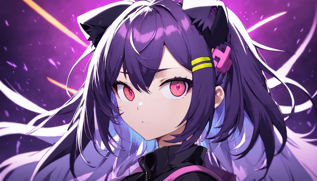Anime character with purple hair and black mask with purple and black background, discord profile picture, profile picture 1024px, art cover, ((Hypersaturated)), by Kanbun Master, digital art from danganronpa, Tumbler, R - MK, Symmetrical Portrait RPG Avatar, official artwork hdr, fvckrender
