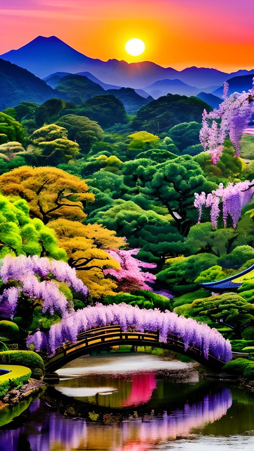 mdjrny-pprct, japanese architecture, Sakura, wisteria, Flower Garden, mountains and rivers, Clouds (high detial: 1.2)、the setting sun、evening glow、morning glow