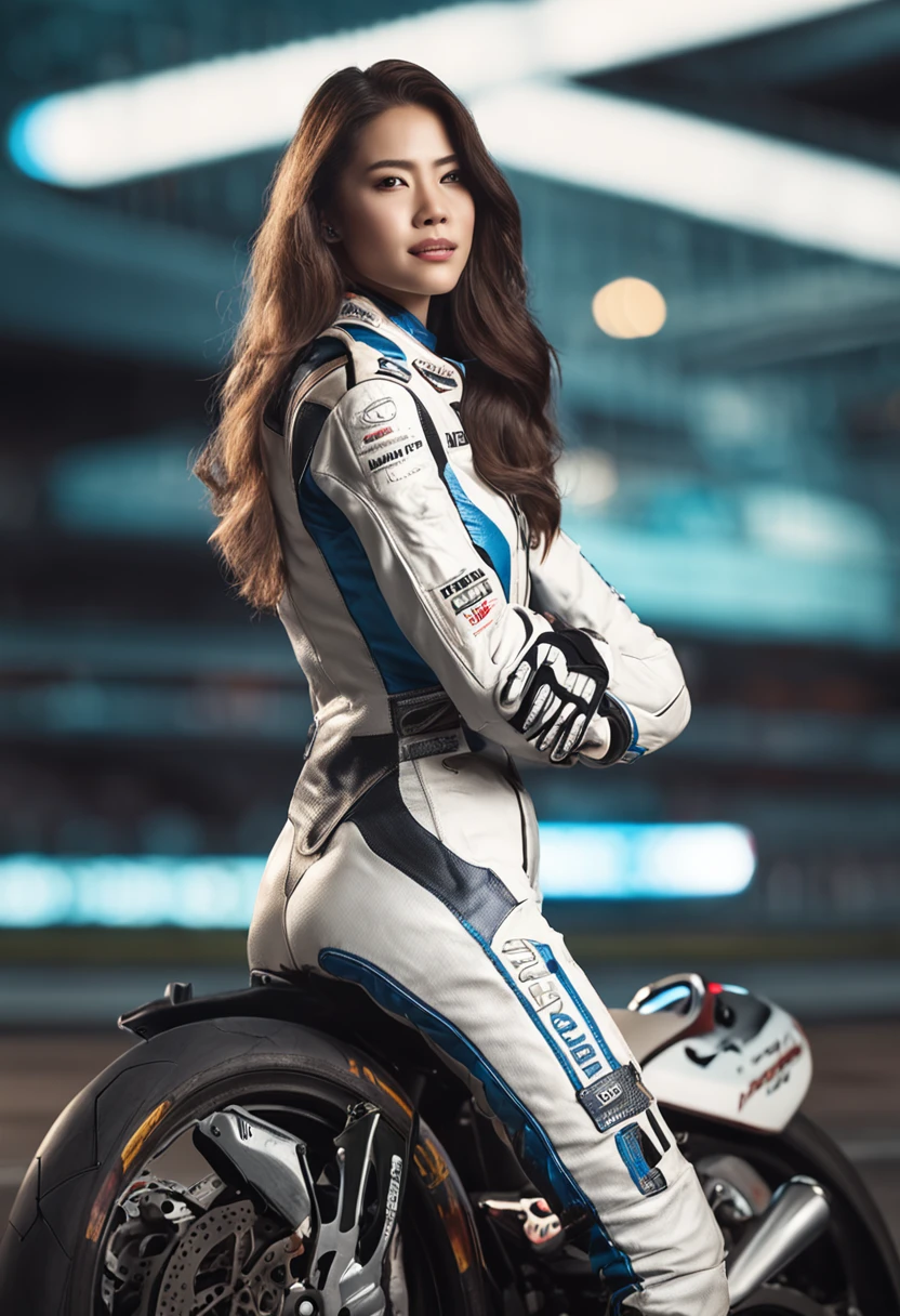 The highest image quality、Exceptional detail、超A high resolution、(Realstic:1.4)、high-detail、Favor the details、Highly condensed 1girl、Longhaire、delicate and beautiful face、Dressed in a white leather racing suit、Racing on a black motorcycle、The background is a race track、circuit、racer、Cool smile