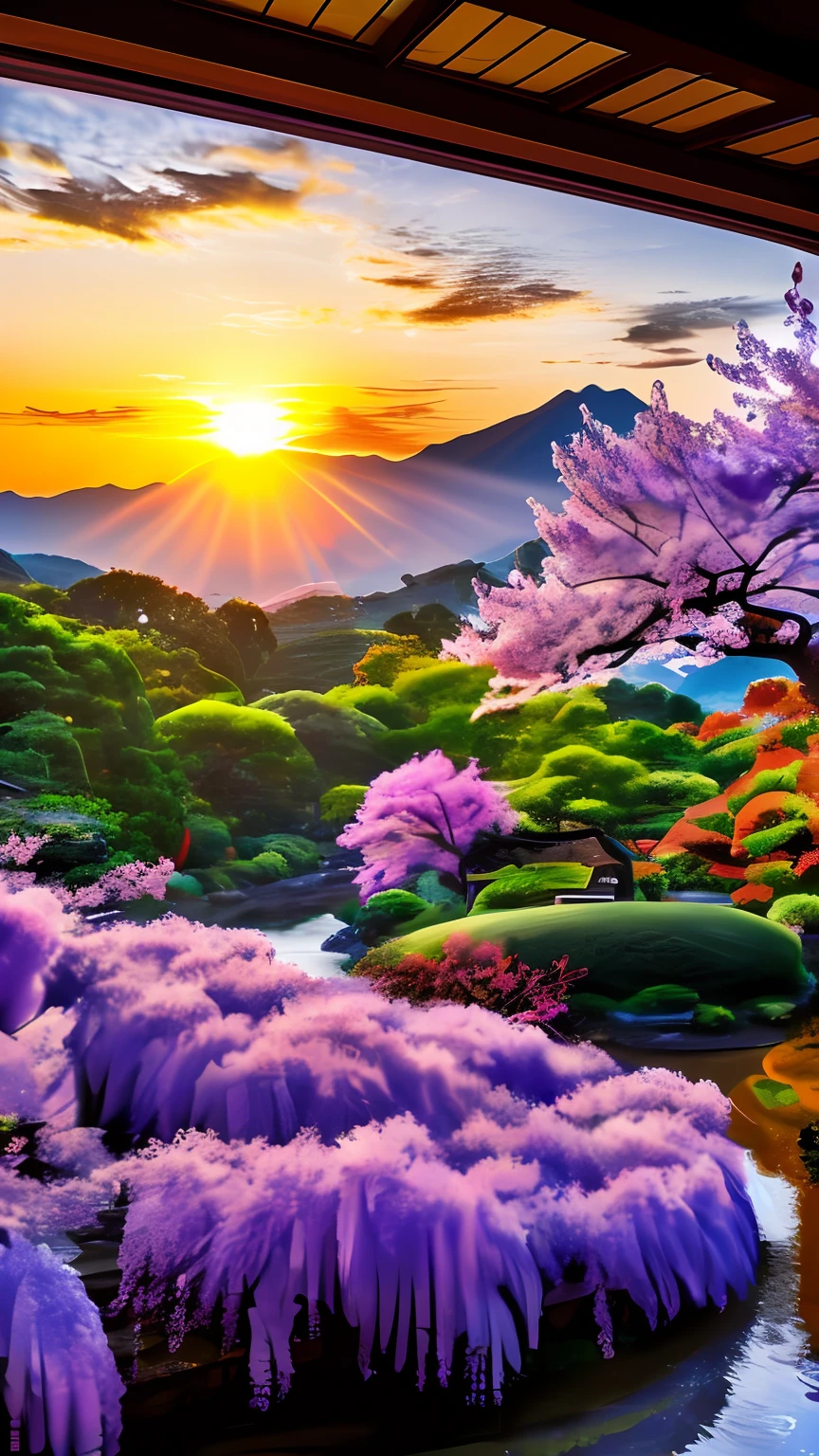 mdjrny-pprct, japanese architecture, Sakura, wisteria, Flower Garden, mountains and rivers, Clouds (high detial: 1.2)、the setting sun、evening glow、morning glow