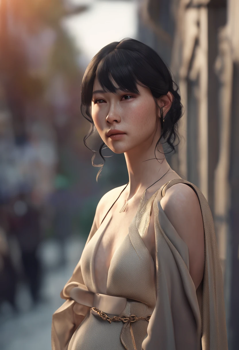 Masterpiece, Best quality, Miranda, (Half body shot,Street lighting poles,Qamar),Masterpiece, 1girl, single exposure, Beautiful woman in the bustling street, Surrounded by street vendors, Image of a beautiful goddess girl, Beautiful and detailed face, porcelain skin, (((Bust shot, center, a night, Black hair, short hair)), Ultra-soft lighting, perspective, complication, elegance, High detail, realism, art, concept art,