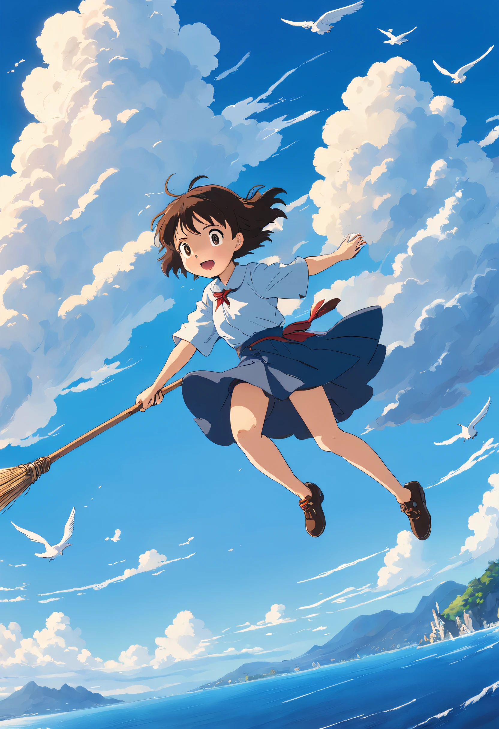 masterpiece, birdview, best quality, movie still, 1girl ride on a broom flying on the sky, seagull, below is blue sea and island, kikis delivery service, miyazaki's animated film, ghibli anime, cloud floating in the sky, blue sky, close-up, bright, happy, warm soft lighting, sunrise, (sparks:0.7), Ultra-Wide Angle, 8k, super detail, ccurate, best quality